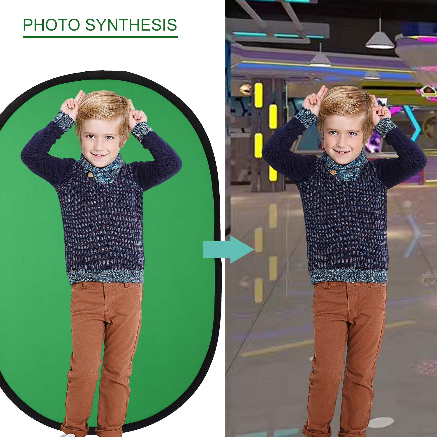 Konseen Chromakey - Fondale portatile con schermo verde, 150 x 200 cm, pieghevole, 2 in 1, per YouTube, montaggio video, riprese, 100% mussola di cotone