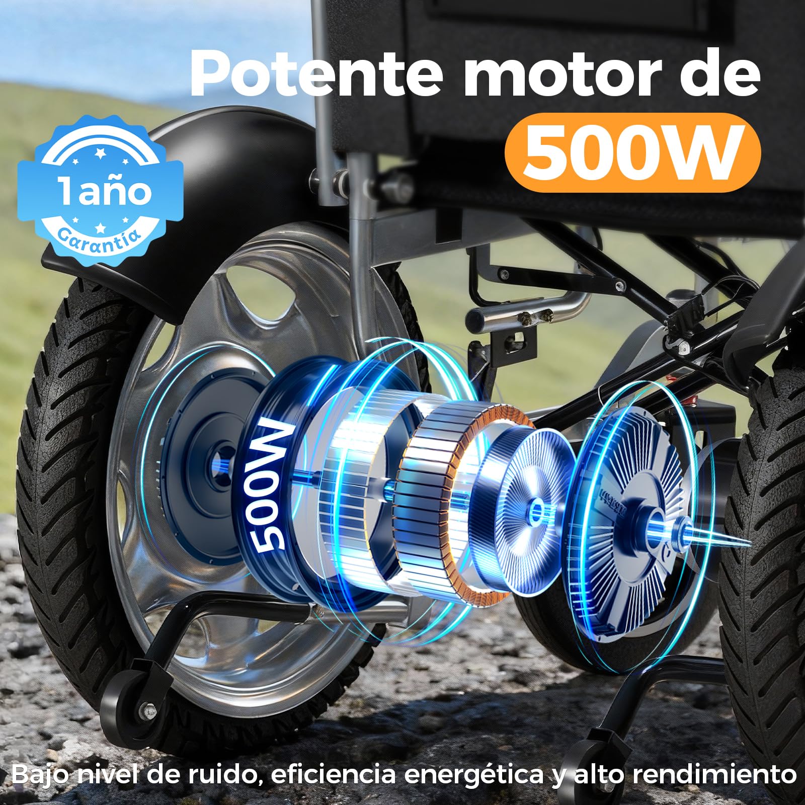 2026 silla de ruedas eléctrica plegable todo terreno, silla eléctrica ligera para mayores, asiento de 50 cm de ancho, autonomía 25 km Capacidad de carga 150 kg, 500W de Potencia
