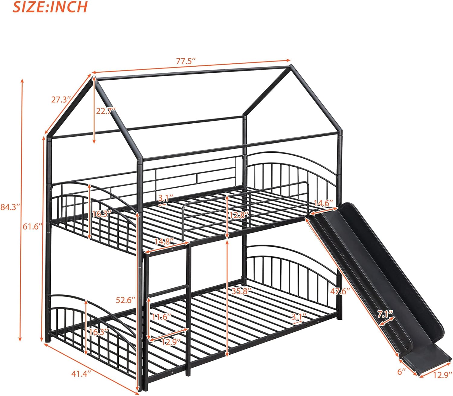 House Bunk Bed with Slide Twin Over Twin Metal Bunk Beds Frame Low/Floor Playhouse Bunked for Kids Boys Girls Teens, Can Be Separate into 2 Beds, Black