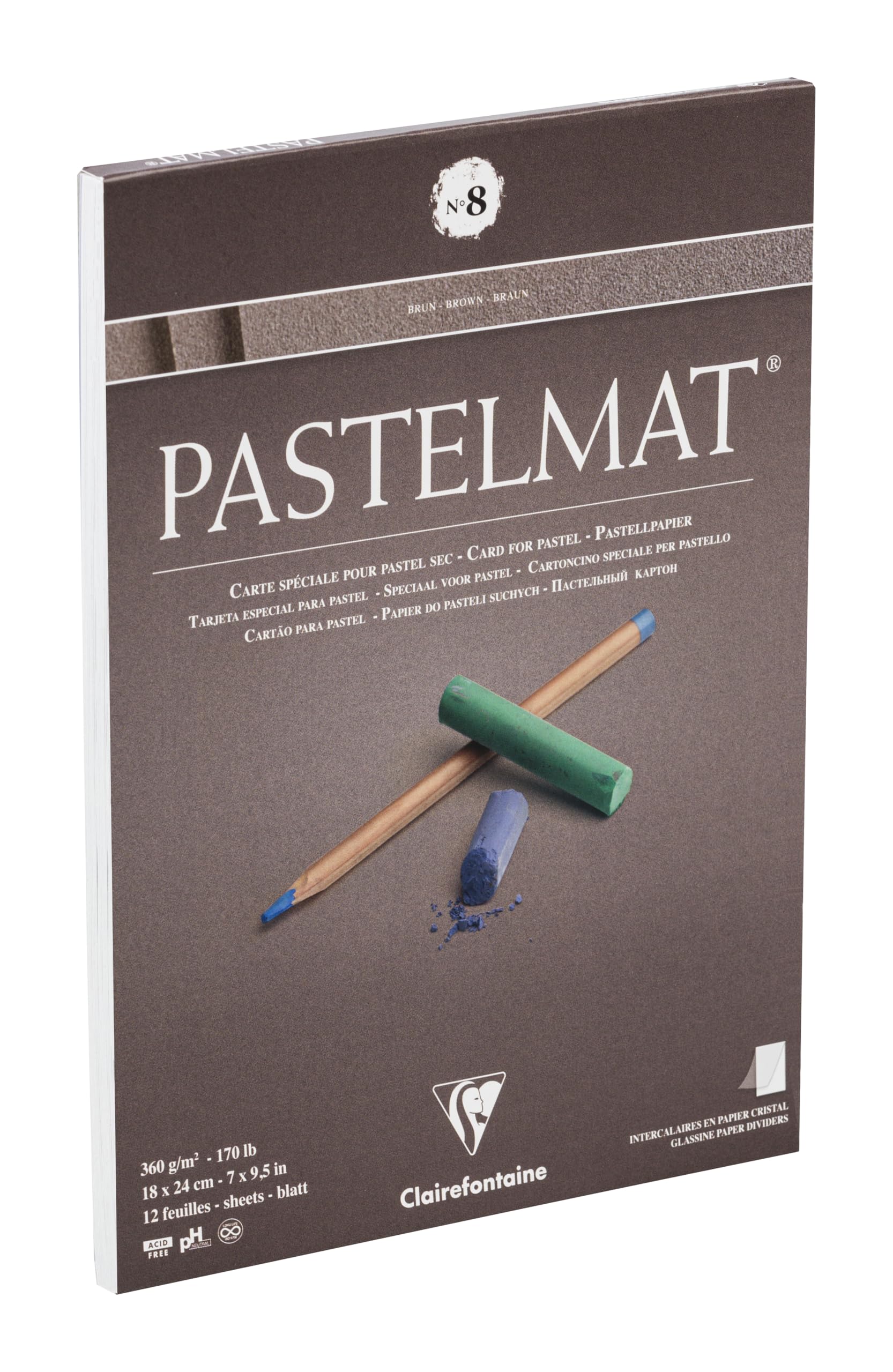 Clairefontaine 96013C Bloc Collé Pastelmat n°8-12 Feuilles Carte Spéciale Pour Pastels Secs - 18x24 cm 360g - Brun - Intercalaires en Papier Cristal