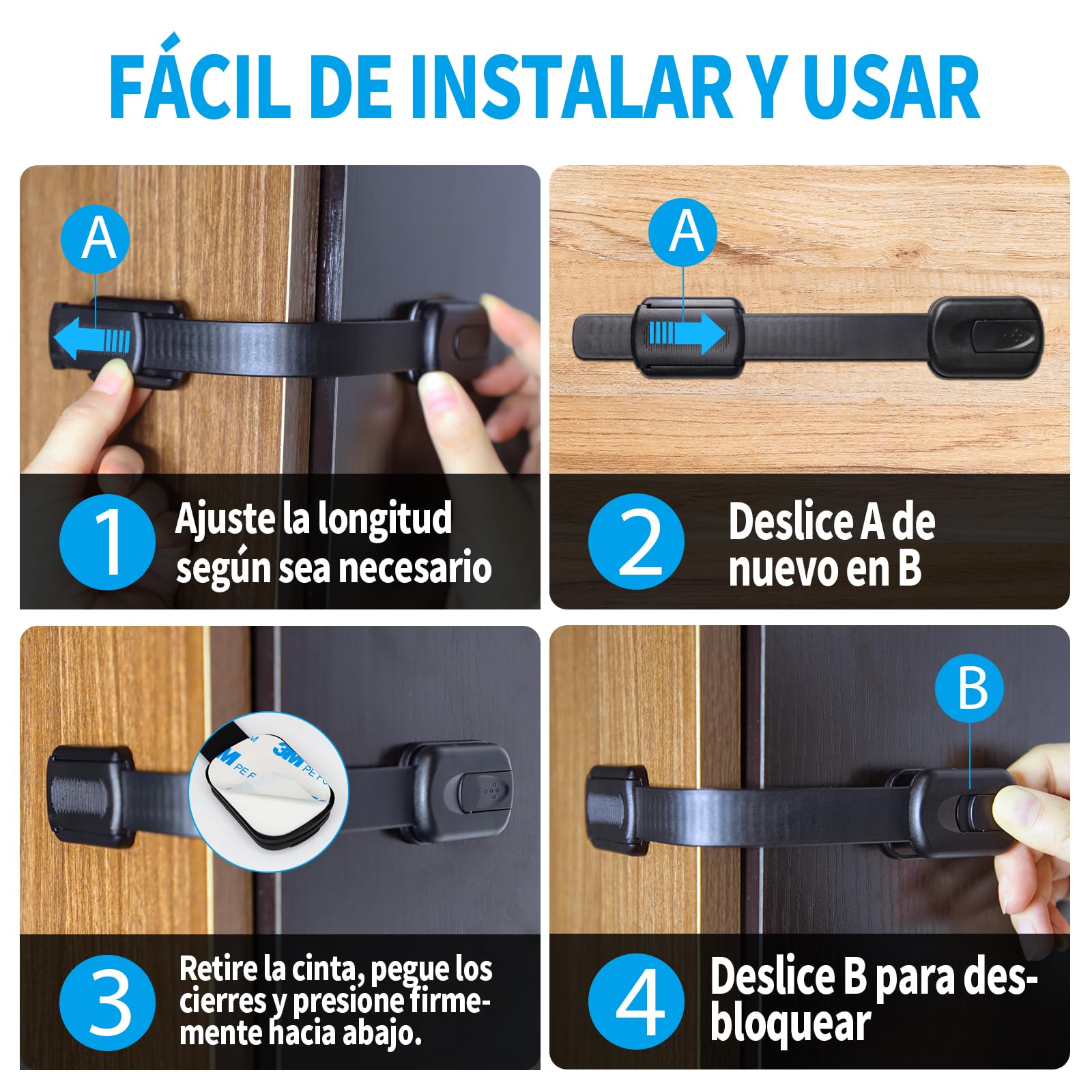 Cerraduras de Seguridad para Niños, 8 Piezas Cierre Seguridad Cajones Bebe con Adhesivo 3M, Bloqueo de Seguridad Bebés para Armarios, Cajones, Refrigeradores No Necesita Taladrar (Negro)