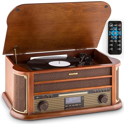 Auna Retro Plattenspieler & DAB-Radio, mit Lautsprecher, Schallplattenspieler im Vintage Design, Schallplatten Vinyl Record Player mit 3 Geschwindigkeiten, AUX- und USB-Anschluss