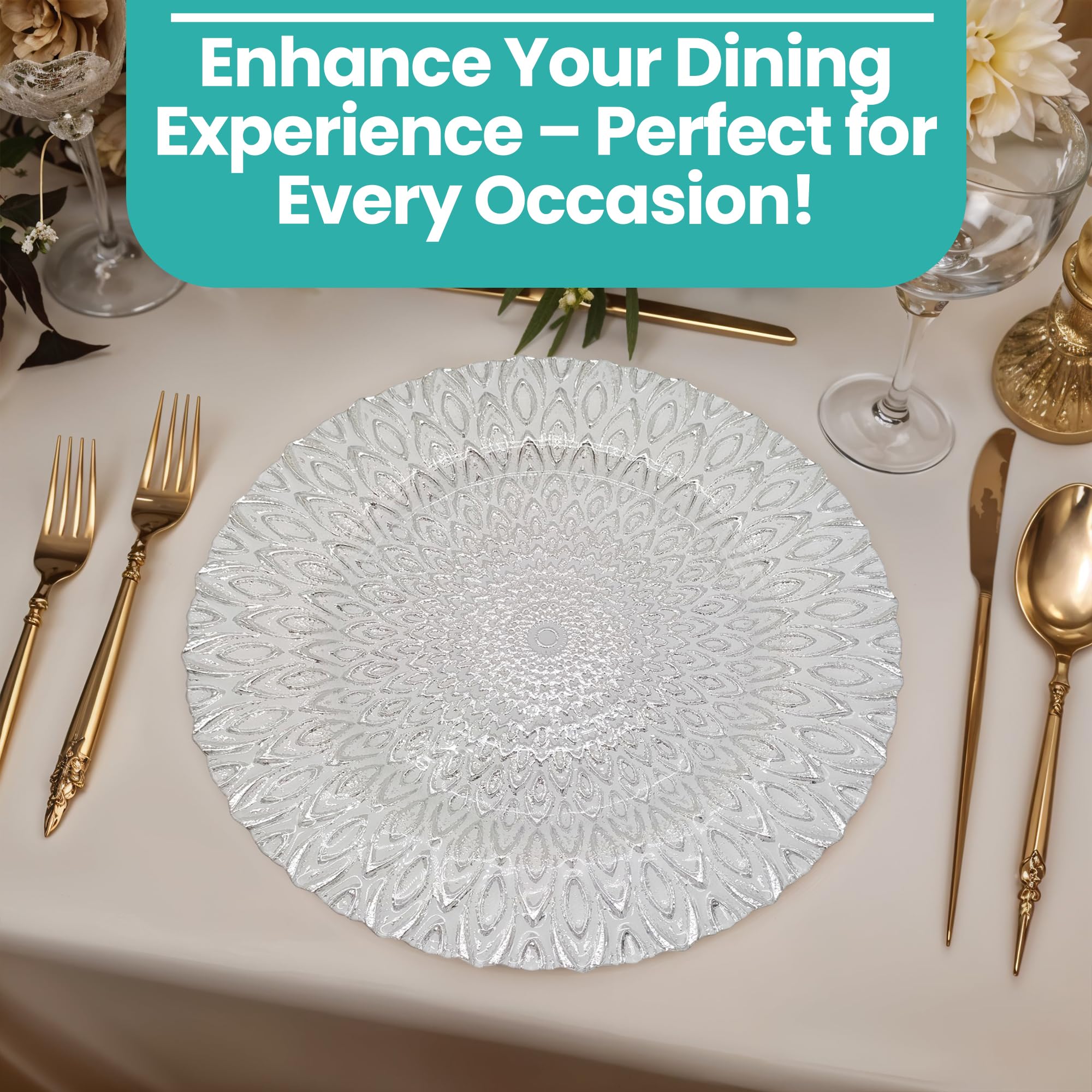 Weddecor Piatti rotondi in vetro trasparente con perline argentate, set di piatti di presentazione, decorazione per tavola da pranzo, matrimoni, feste da pranzo, stoviglie, 33 cm, 1 pezzo