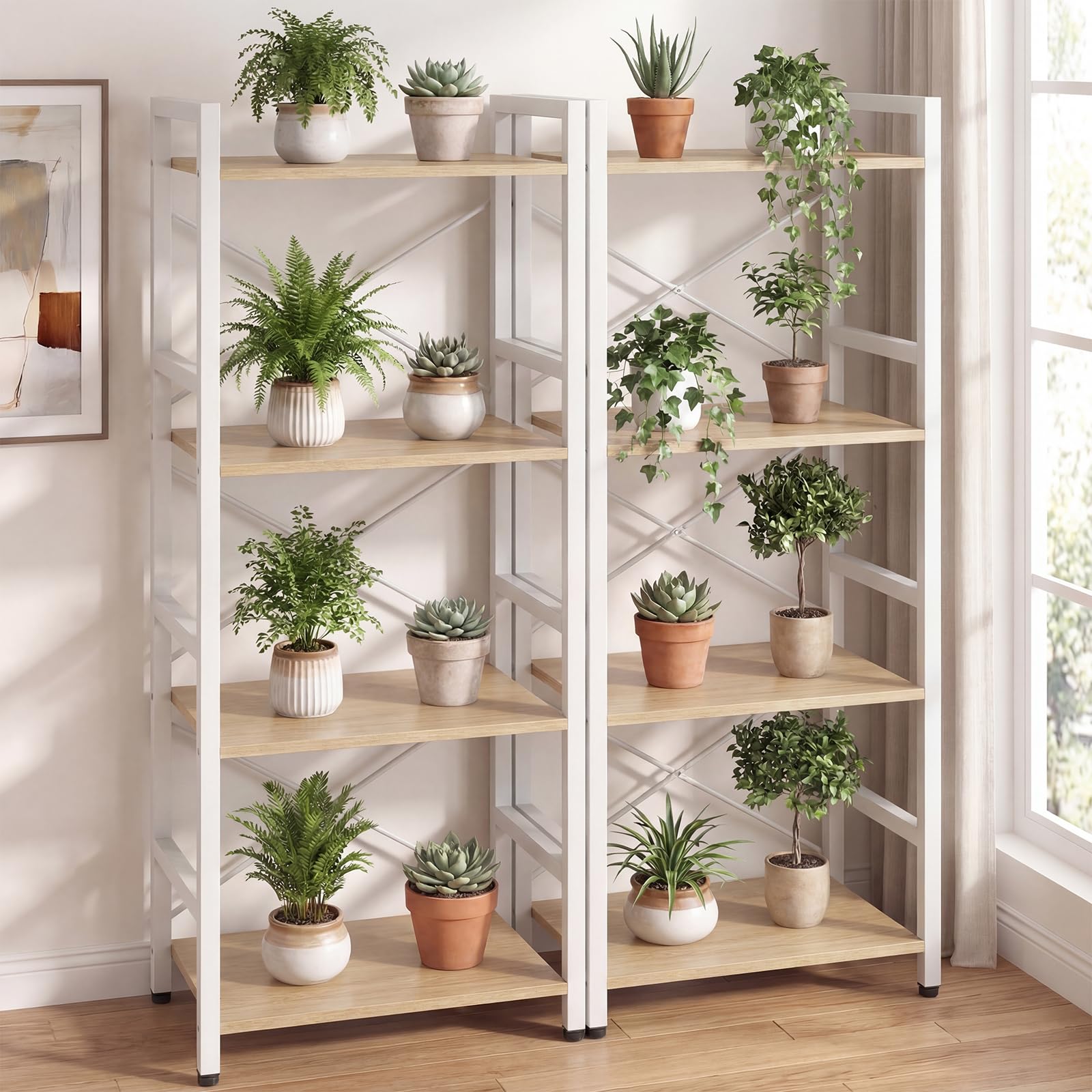 KOMFOTTEU Estantería de 4 Niveles, Librería Vertical con Estantes Abiertos, Mueble Almacenamiento Estrecha con Estructura de Metal y Dispostivos Antivuelco para Salón, 42x28x100cm (Natural y Blanco)