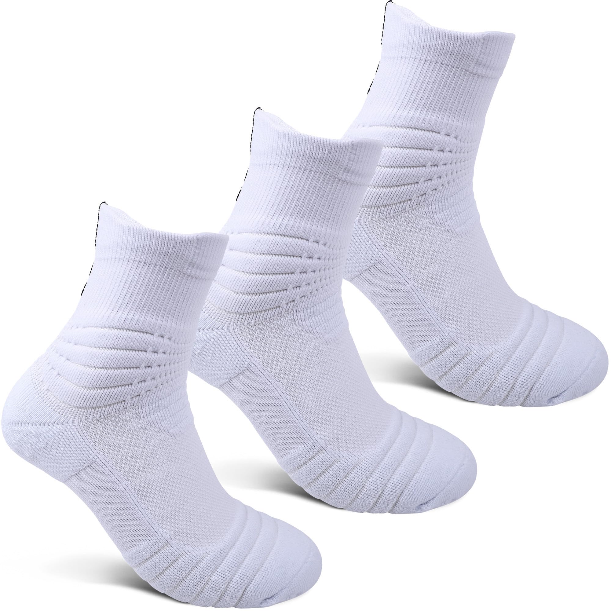 mens Thick Protective Sport Cushion Basketball Compression Athletic Socks, 3 Pairs White, 6-13