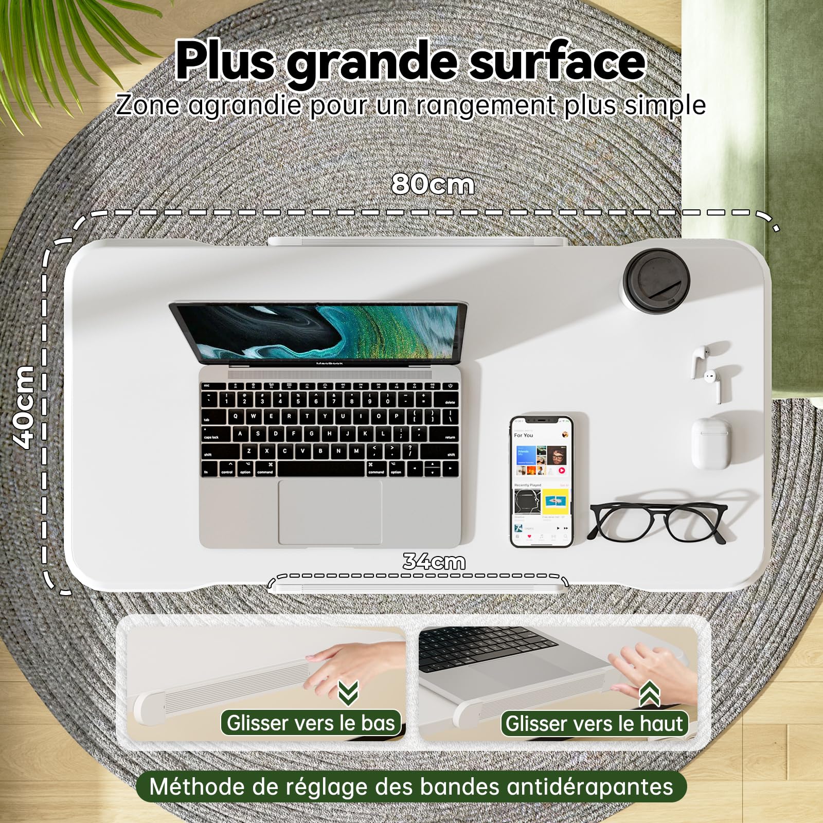 Gibbon Mounts Bureau Assis-Debout Hauteur réglable, Table Chevet INCL. 180° | Chariot mobile pliable blanc, 80x40cm plateau inclinable des deux côtés du lit. Base fine 3cm, 2 types de roues remplaçables