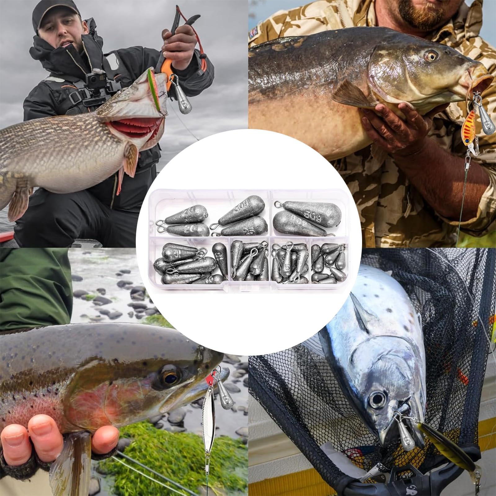 40 sztuk ciężarków wędkarskich, 10 rozmiarów, kształt łezki, waga wędkarska 3,5 g, 5 g, 7 g, 10 g, 15 g, 20 g, 25 g, 30 g, 40 g, 50 g, do wędkowania na świeżym powietrzu