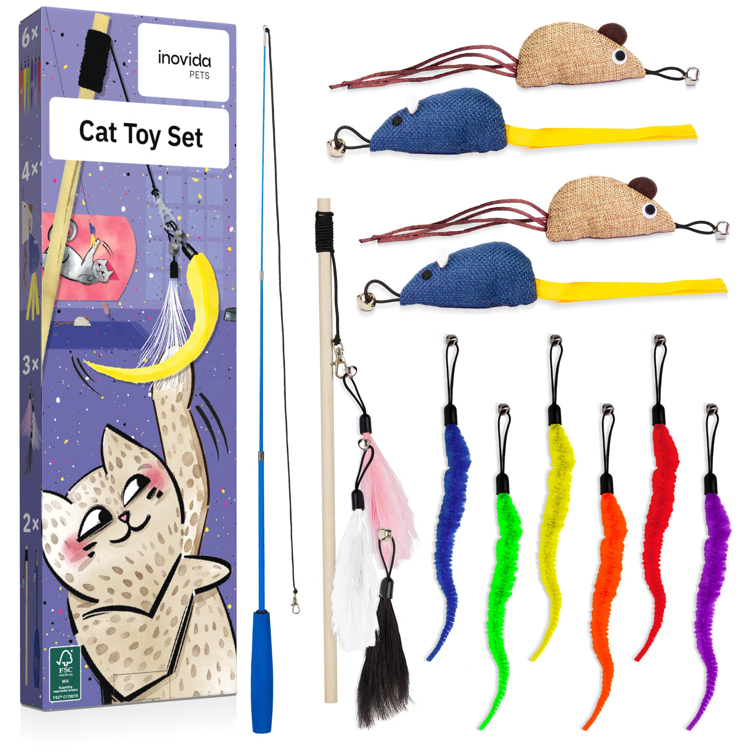 Inovida XL 15 Pcs Cat Fishing Rod Toys Set - Vegan and with Catnip - Feather Wand Kit for Indoor Cat - for Adult and Kittens - From