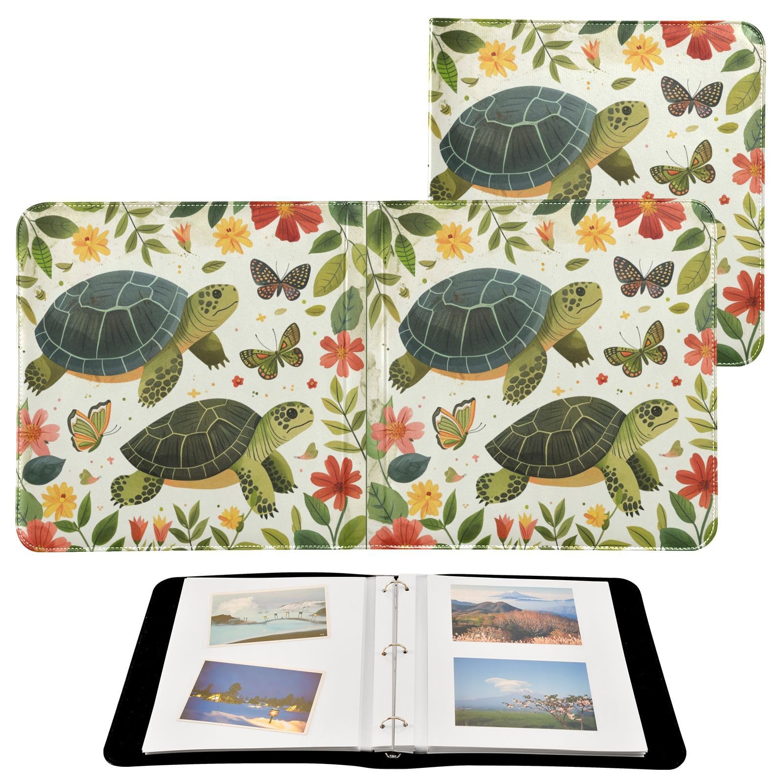 JIPONI Turtles Large Photo Album, DIY Leather Cover Scrapbook Albums for 4x6 5x7 6x8 Pictures, Self Adhesive Memory Book for Wedding, Baby, Family