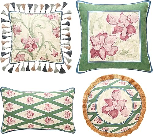 patdrea Juego de 4 fundas de almohada de diseñador, elegantes fundas de almohada de lino verde francés con diseño floral de iris, fundas de almohada