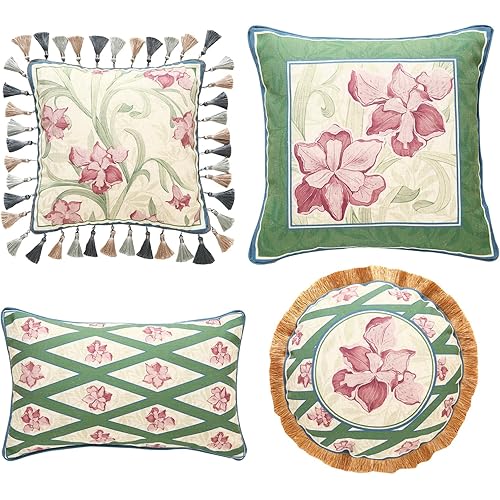 patdrea Designer Throw Pillow Covers Set of 4,French Elegant Green Linen with Iris Floral Collection Pattern Pillow Covers,Decorative Lumbar Square Round Pillowcases Cushion for Bed Living Room