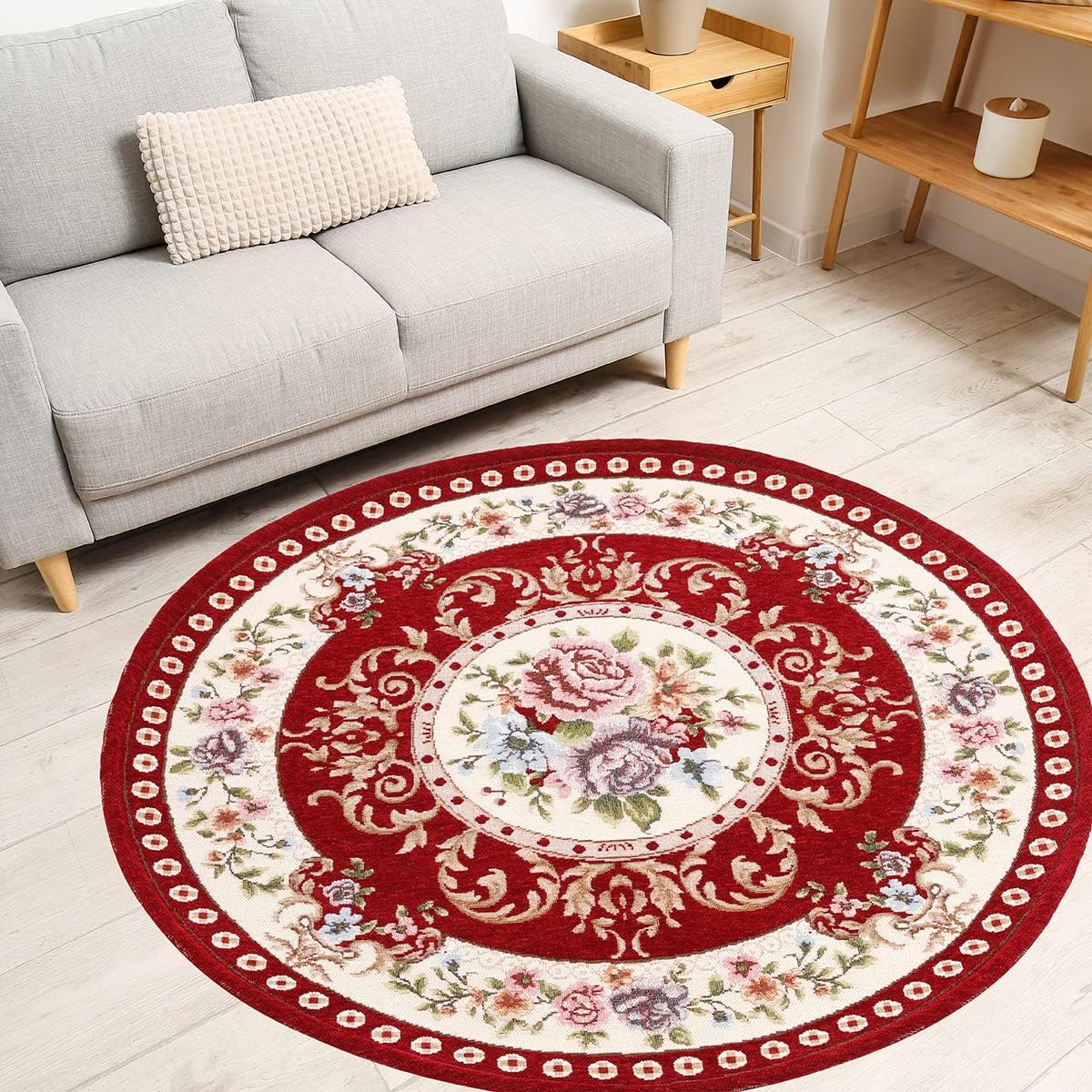 2.6ft Floral Round Area Rug Classic Non-Slip Machine Washable Room Mat Sustainable Kitchen Rug Traditional Area Rug for Living Room, Red