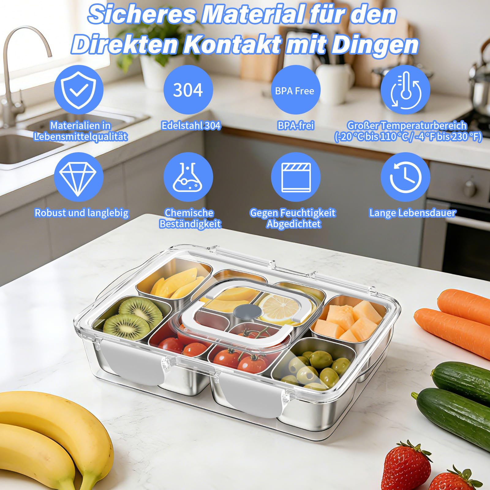Snackbox Edelstahl mit 8 Fächern, Tragbar & Auslaufsicher, Spülmaschinenfest
