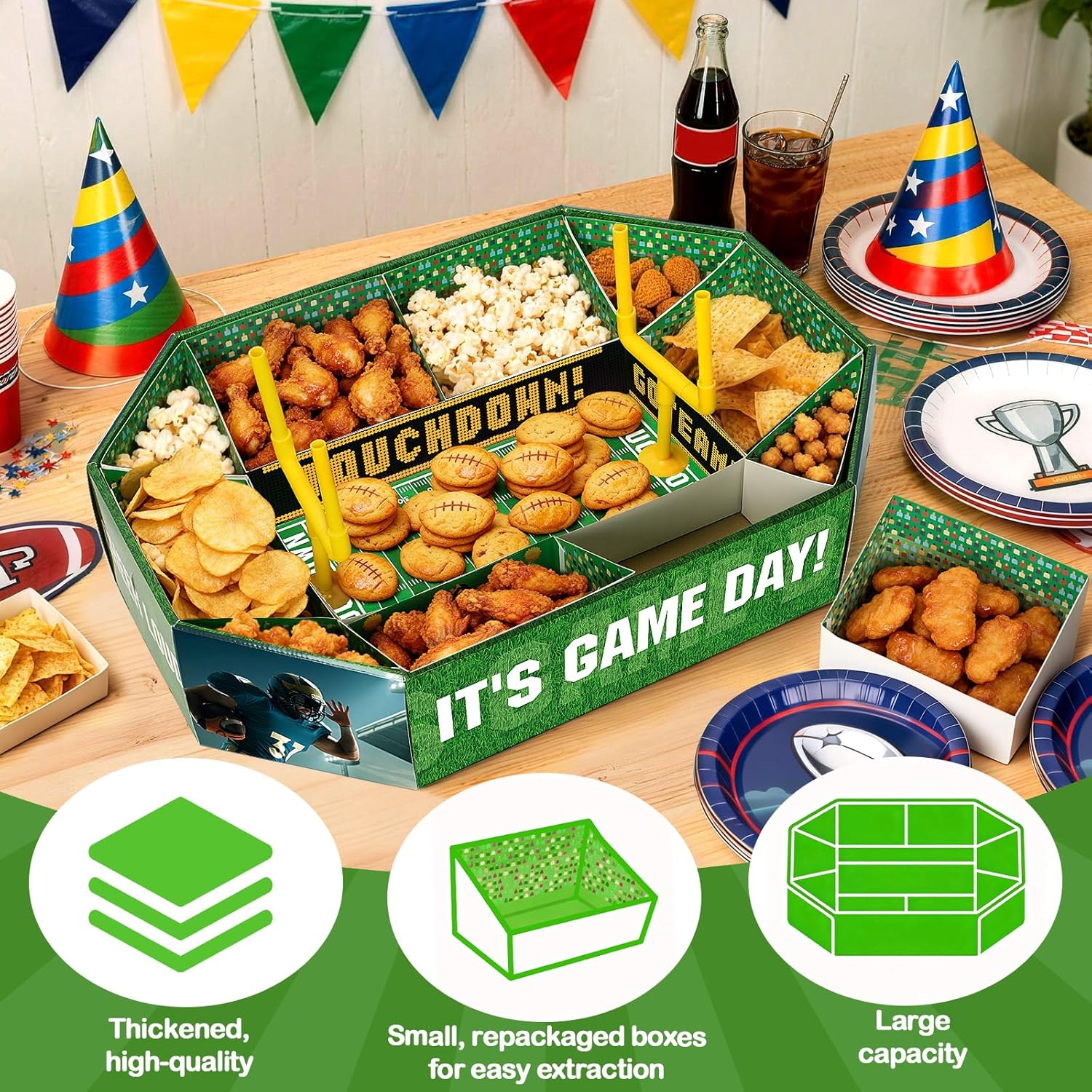 Gloween Football Party Decorations 2026, Football Snack Stadium Food Tray Set, Ideal Party Supplies for Birthday & Tailgate （Disposable, 24"L x 17"W x 5"H）