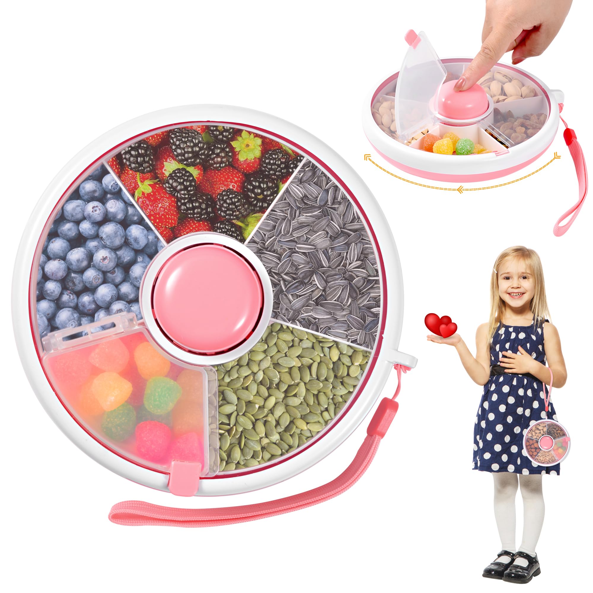 Vefacion Snack Spinner Kinder Snackbox mit Fächern Rund Reusable Snack Organizer Snacks Melone Süßigkeiten Obst Organizer