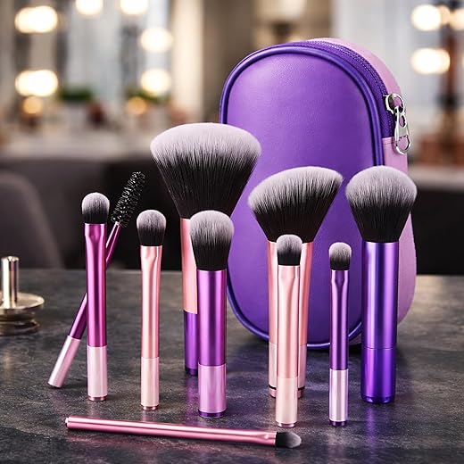 Kit 10 Pincéis de Maquiagem Premium com Estojo Portátil Cerdas Macias Alta Precisão Rosa e Roxo Travel Size Uso Diário