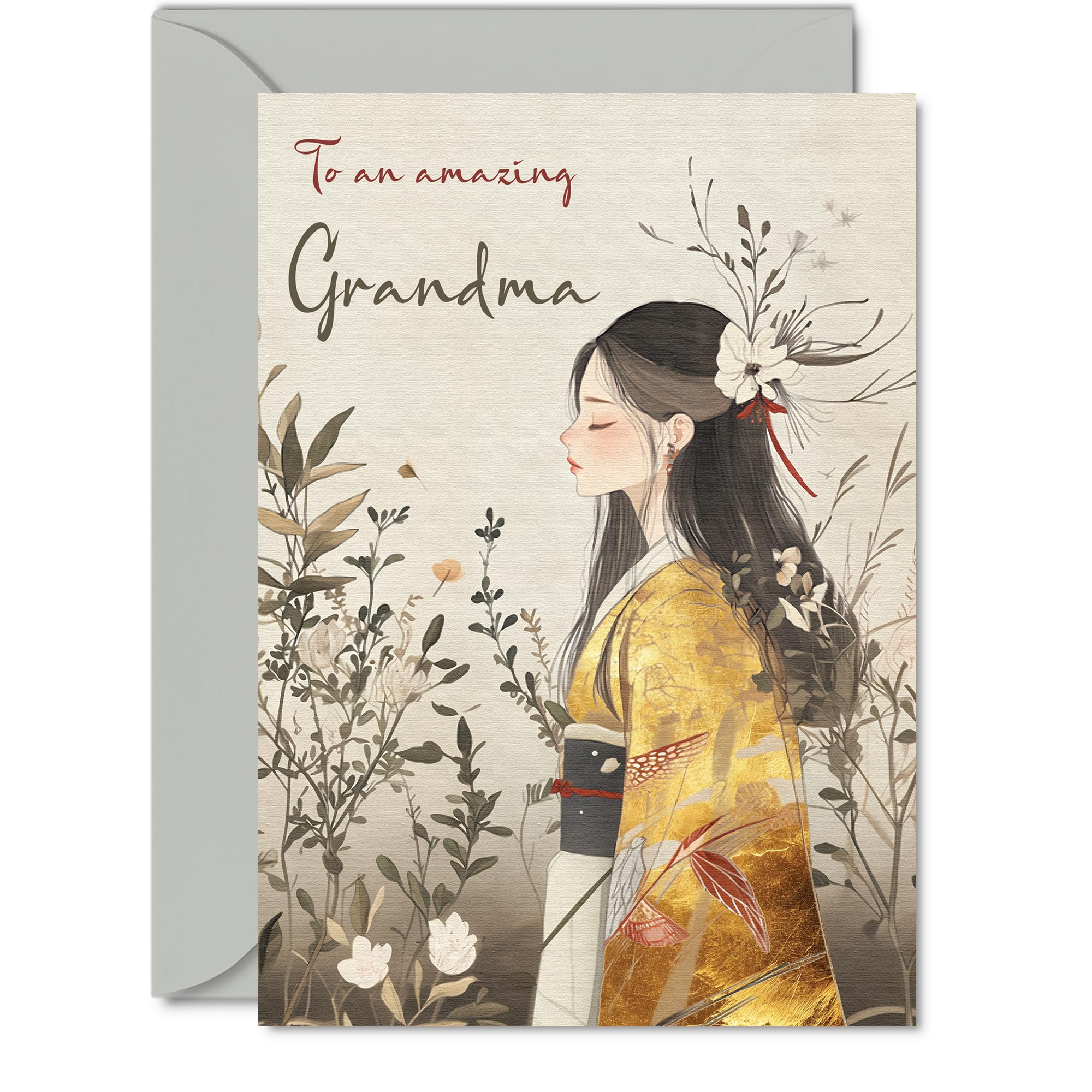 Grandma Birthday Card - Gold Geisha Girl - Beautiful Happy Birthday Card for Grandma from Granddaughter Grandson, 5x7 Inch Female Oriental Bday Golden Greeting Cards