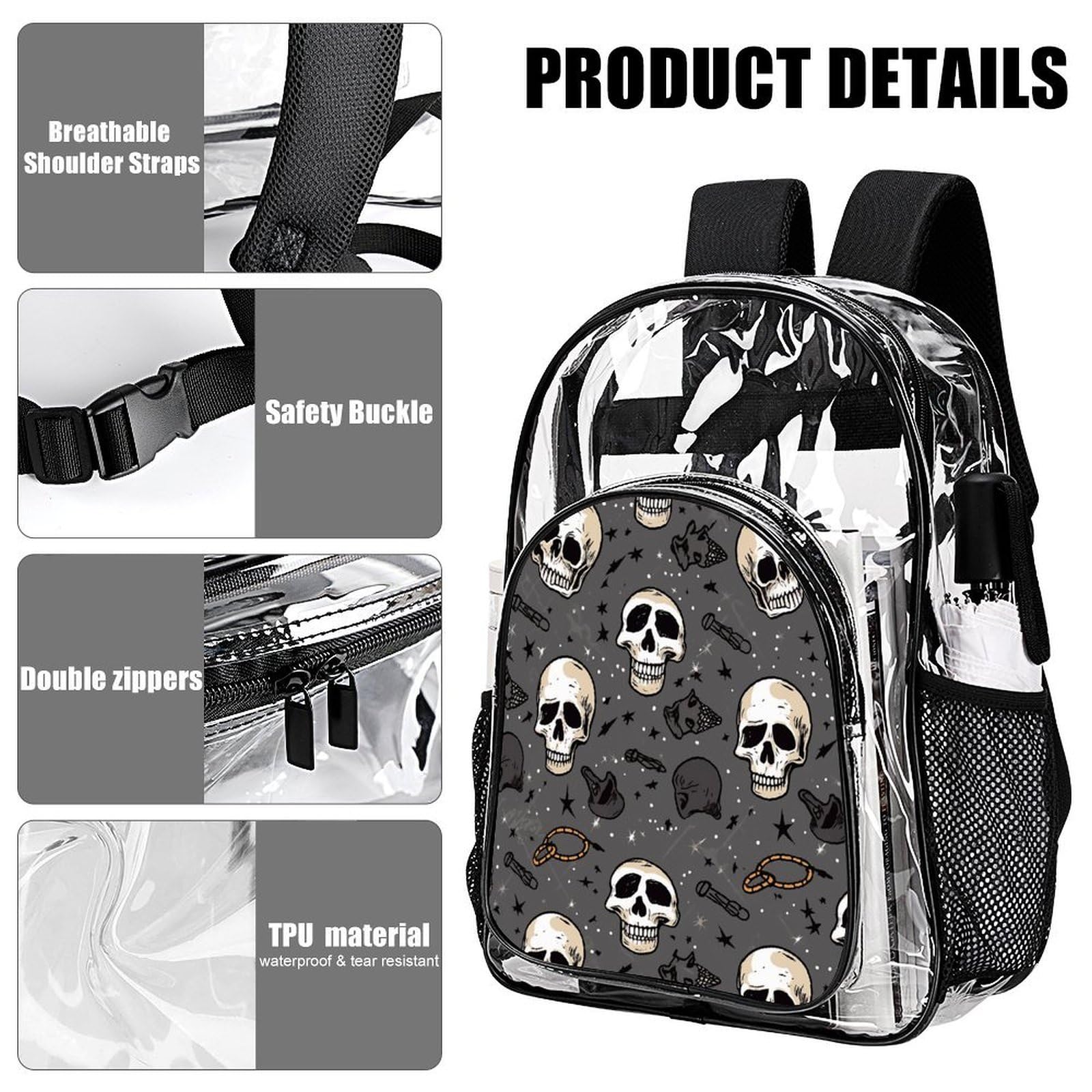 Transparenter Rucksack mit Totenkopf und Blitz, groß, transparent, PVC, Büchertasche für Sicherheit, Arbeit, Reisen, Stadion