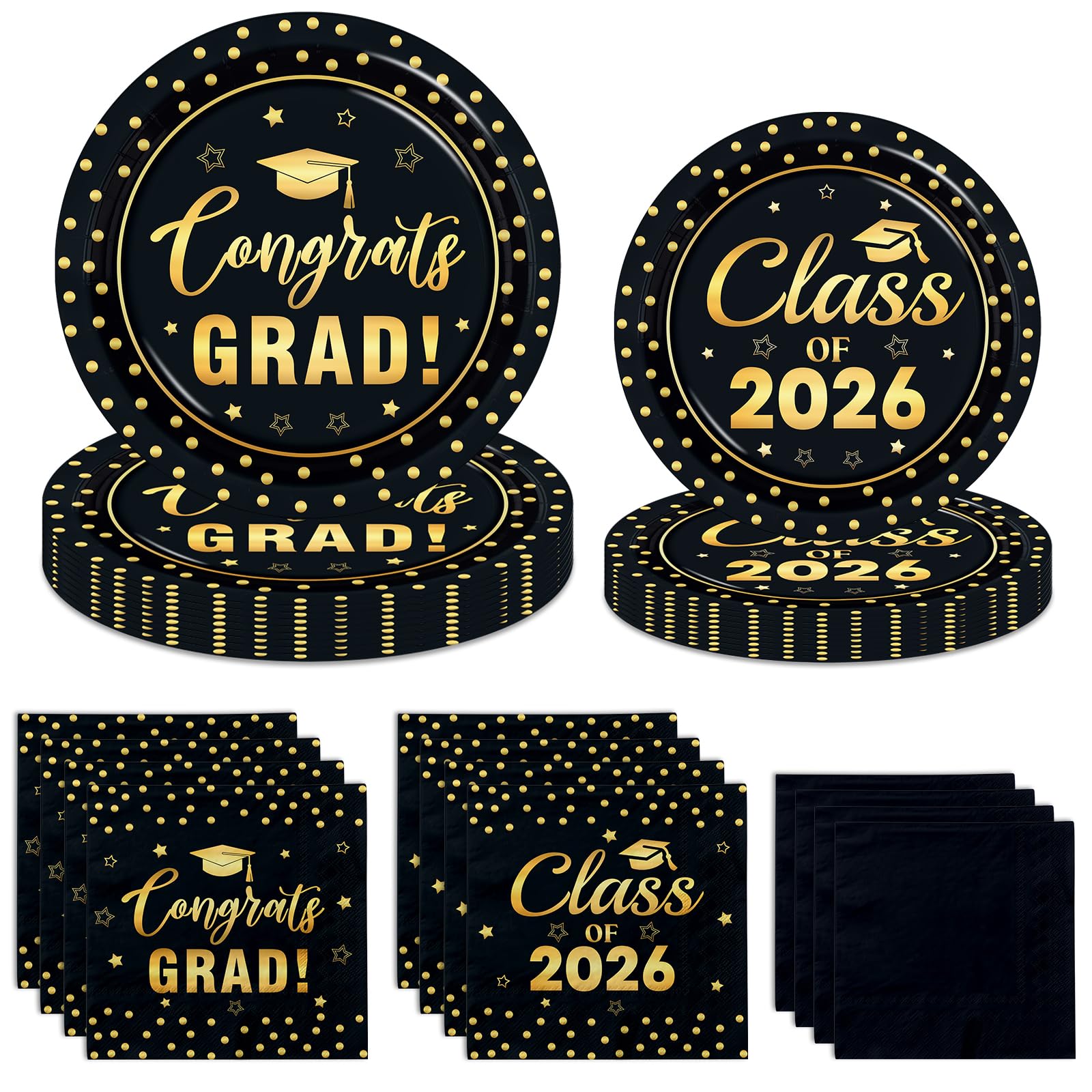 Black and Gold Graduation Paper Plates and Napkins Serve 50, Polka Dots Graduation Decorations Class of 2026 Congrats Grad Decorations for College