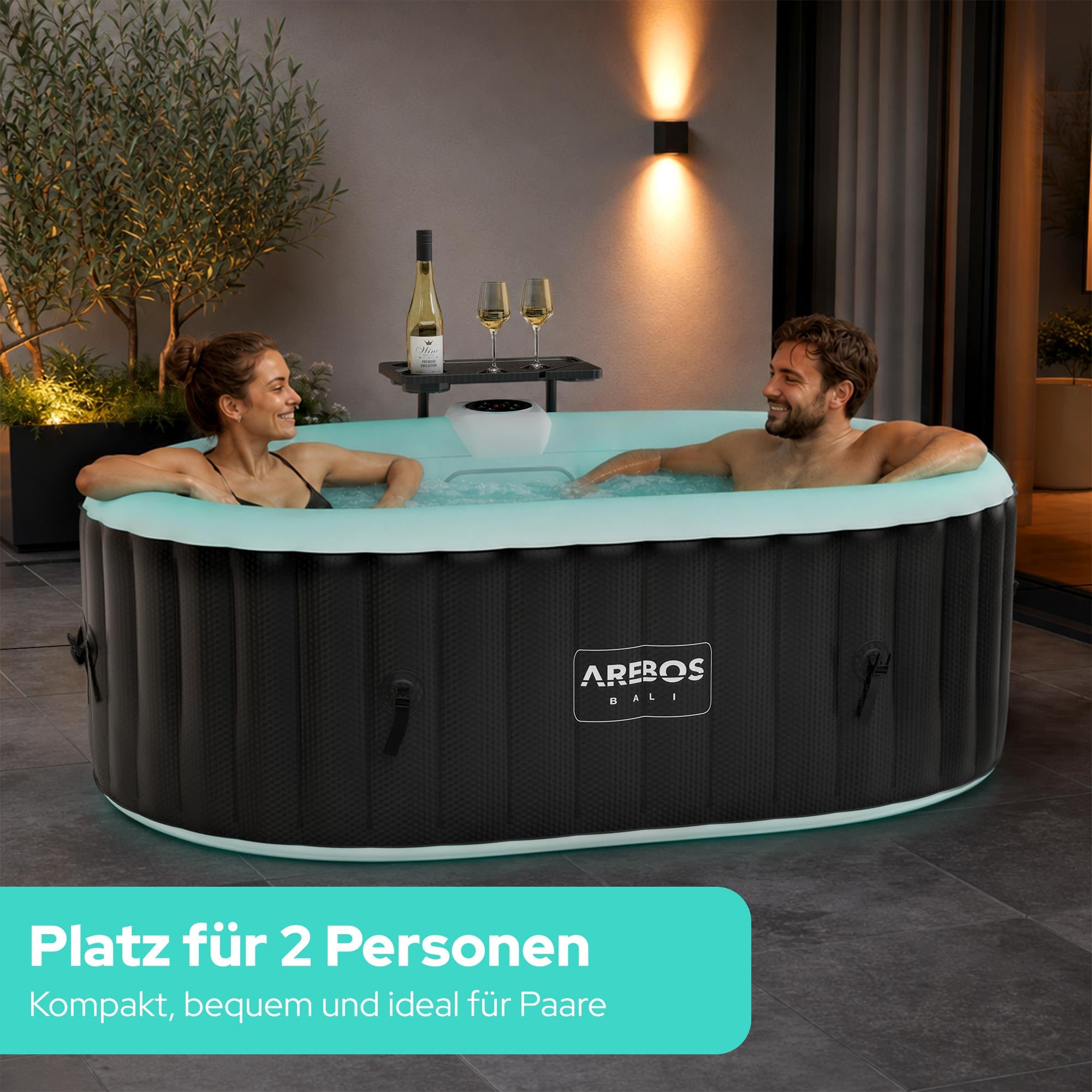 Arebos Whirlpool mit LED Beleuchtung | Aufblasbar | In- & Outdoor | 190x120 cm oval | 2 Personen | 90 Massagedüsen | mit Heizung | 550 Liter | Inkl. Abdeckung | Bubble Spa & Wellness Massage
