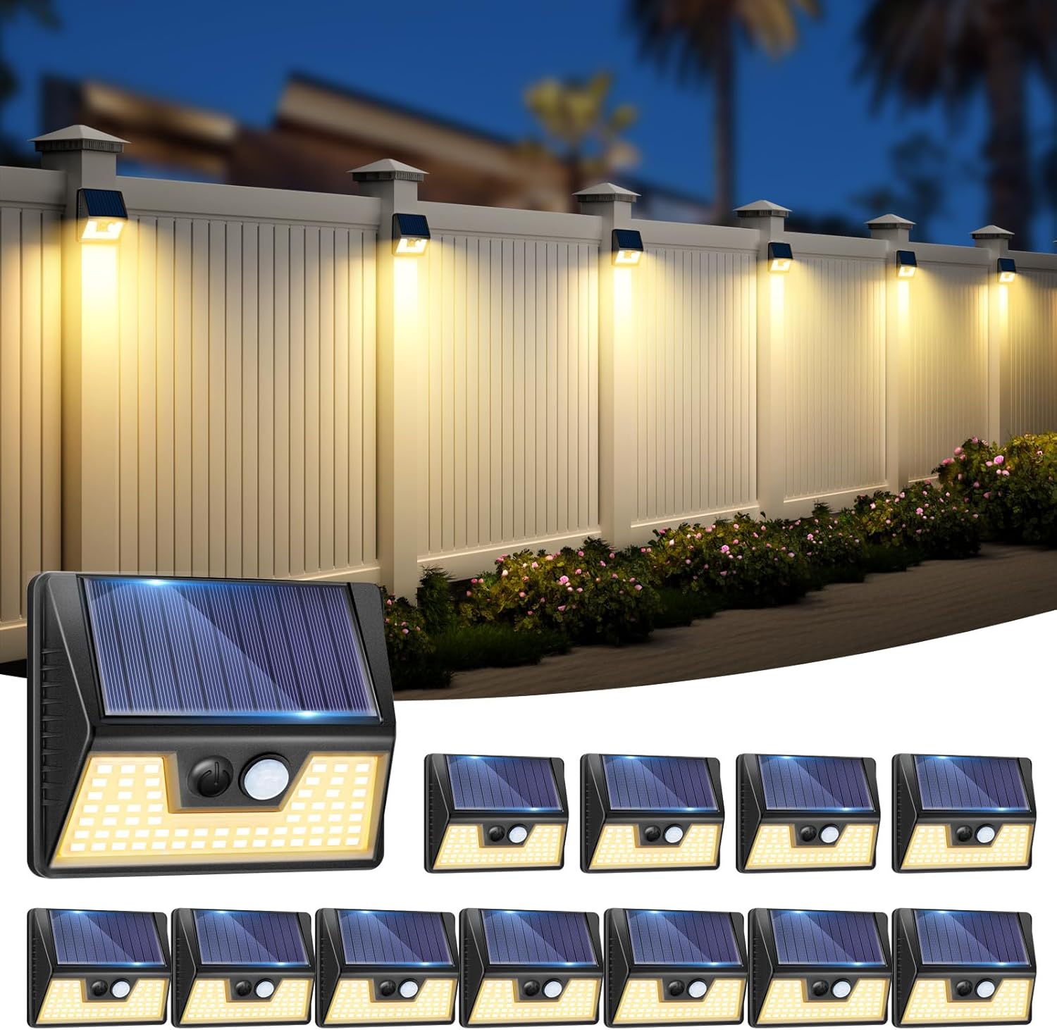12 Pack Solar Fence Lights Waterproof, Motion Sensor Deck Lights Outdoor, Warm White LED Outside Lights Wireless for Wall Yard Steps Stairs Garden - Black Black- Warm Light S-12 Pack