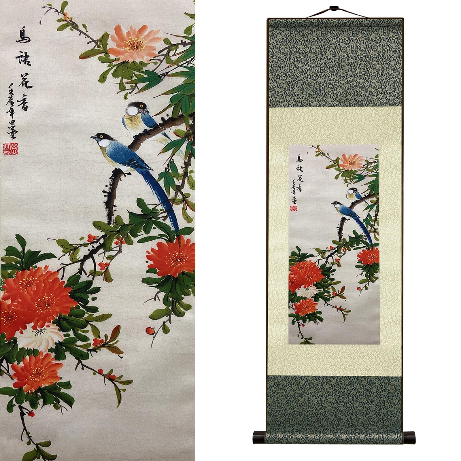 Newscz Bedroom Wall Art Silk Scroll Animal Wall Painting Blue Magpie Bird Posters Wall Tapestry Asian Art House Decoration for Home Living Room Lounge Decor 36 by 12 in(HJ-M005)