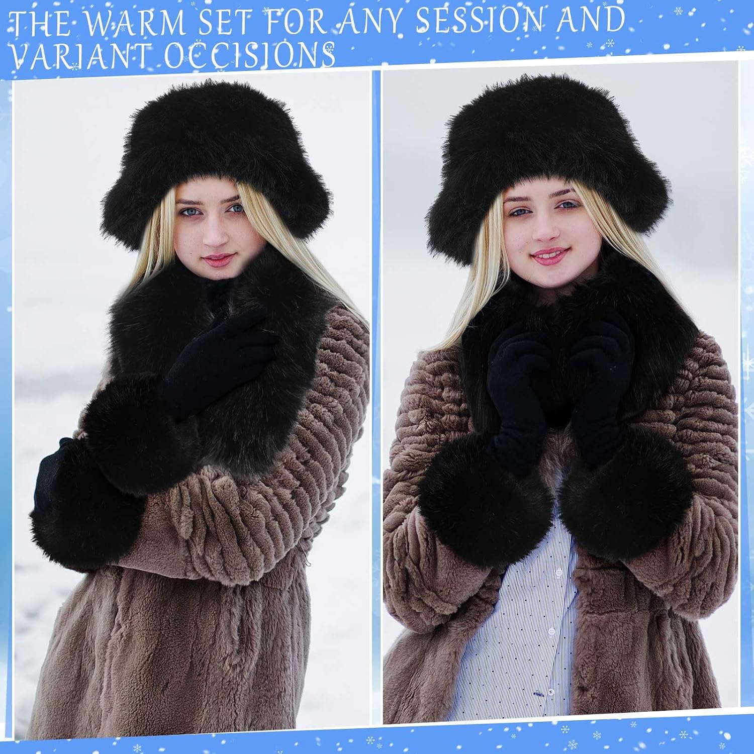 4 Pcs Winter Faux Fur Set for Women Fur Collar Scarf Wrap Winter Fuzzy Bucket Hat Ear Muffs Foldable Wrist Cuffs Accessories