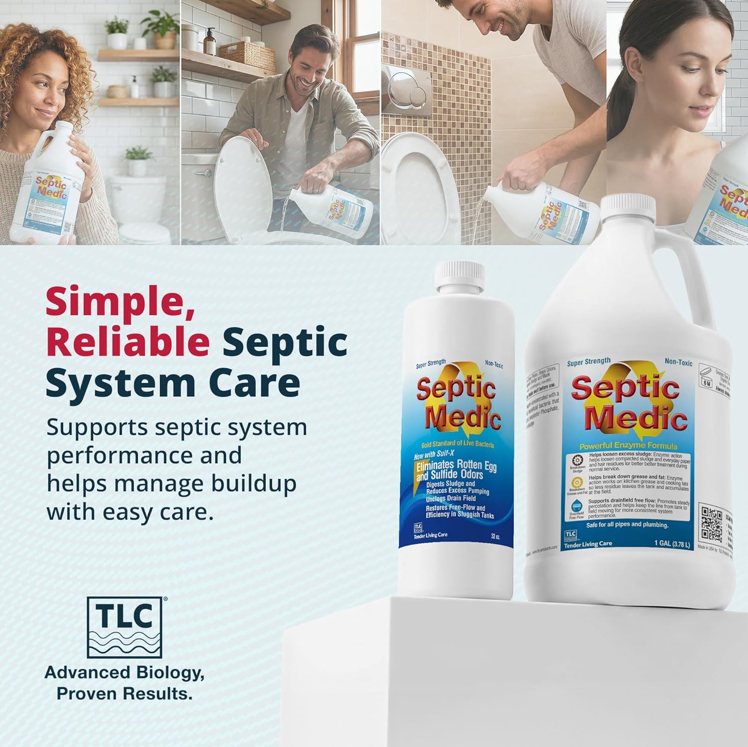 Septic Medic Septic Tank Treatment, Enzyme System Cleaner, Breakdown Sludge, Breakdown Grease and Fat, Supports Drainfield and Leach Field Free Flow, Backed by Science – 1 Gallon