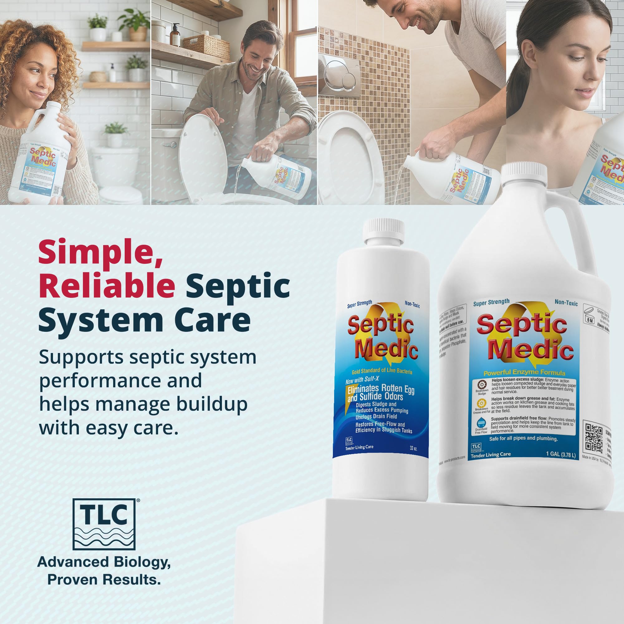 Septic Medic - Disolvente de fangos sépticos, el mejor tratamiento de tanque séptico con enzimas, limpiador del sistema séptico, cuidado de campo de drenaje/lixiviación, neutralizador de olores, 32