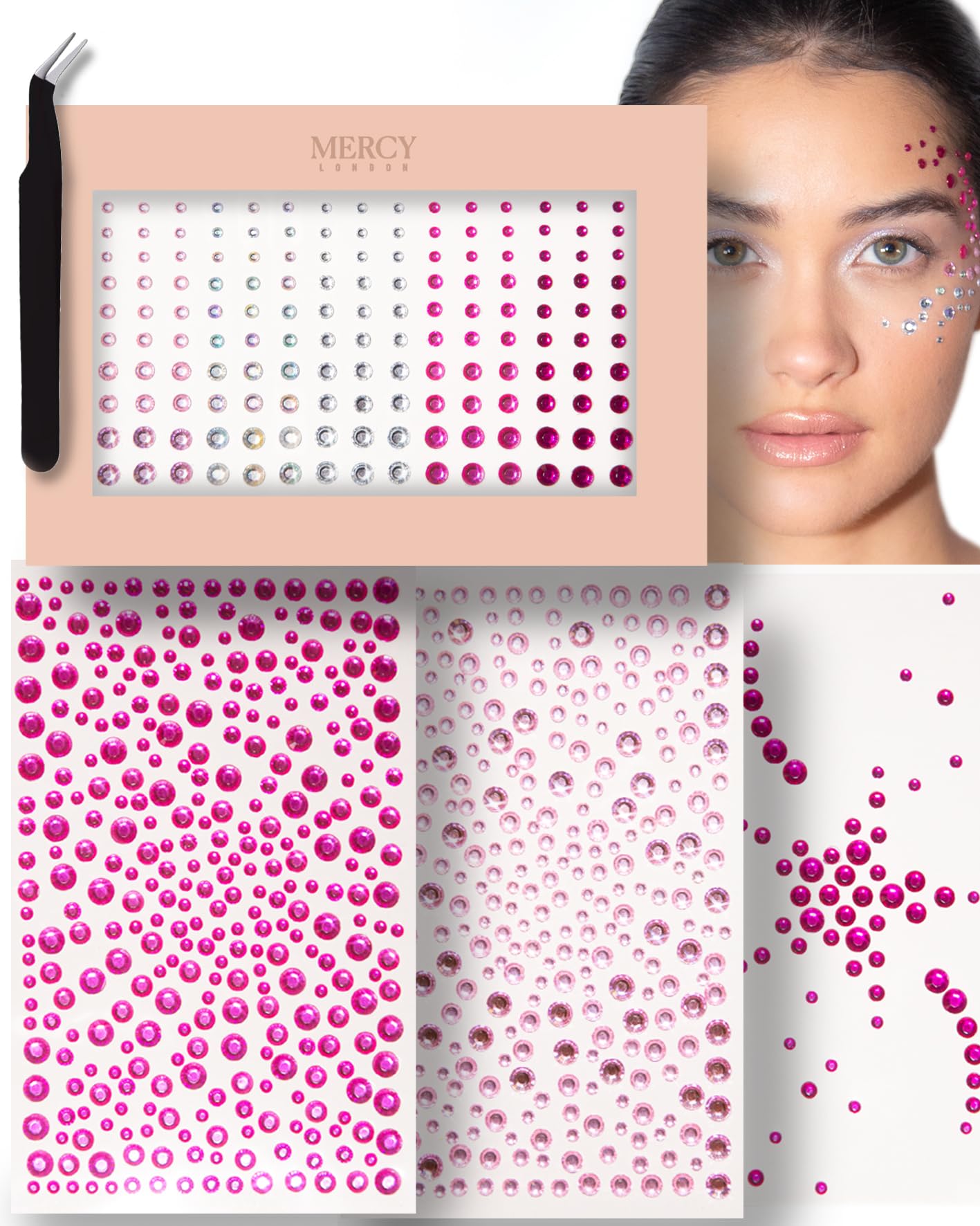 Mercy London Pink Face Gems In For Makeup, Self Adhesive Rhinestone Stickers For Face, Eye, Makeup, Body, Diy Face Gems