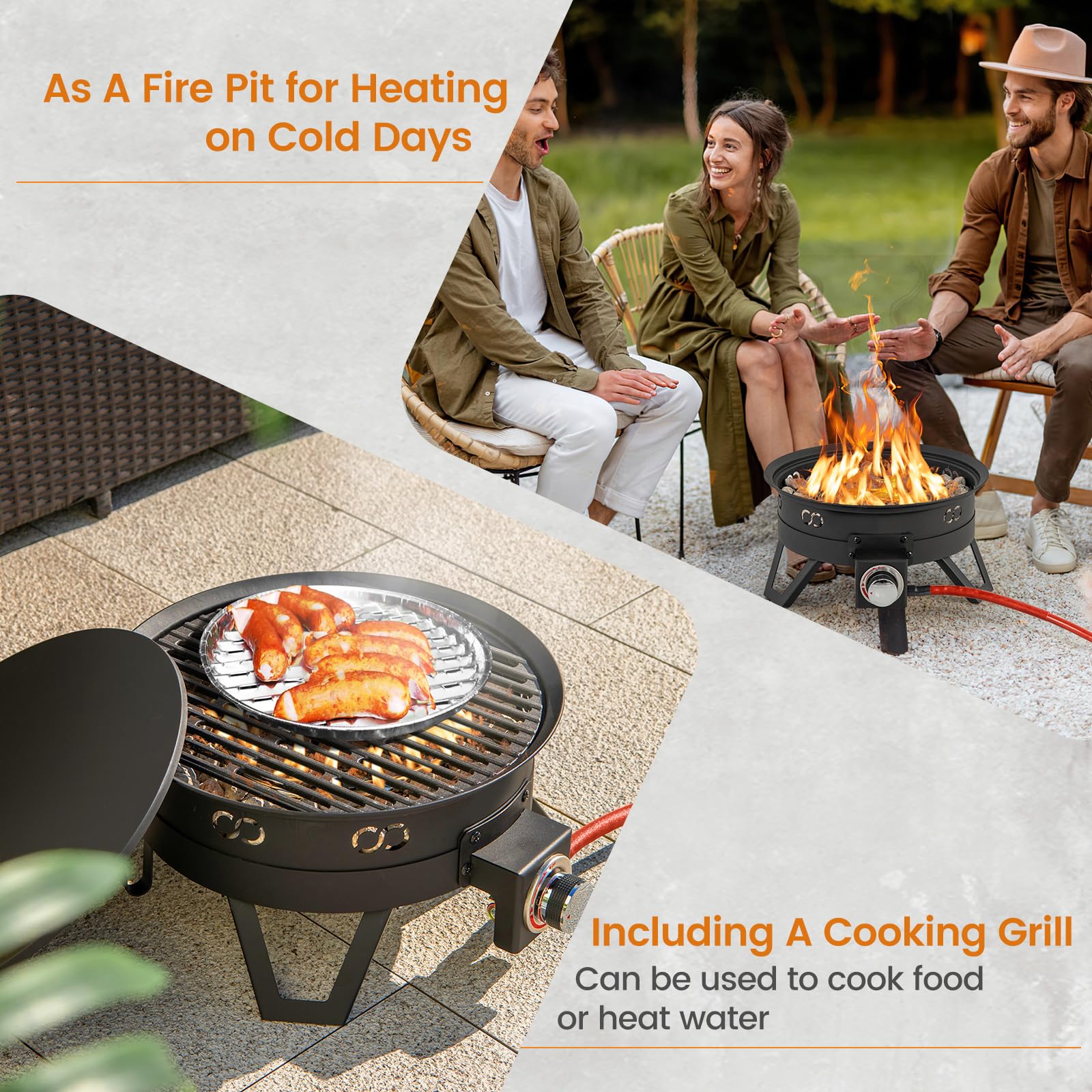 58000 BTU Propane Fire Pit, 44 cm Small Outdoor Fireplace with Foldable Legs, Portable Round Pit Lid, Cooking Grill, Carry Bag, Lava Rocks, Smokeless Firepit for Camping — view 4