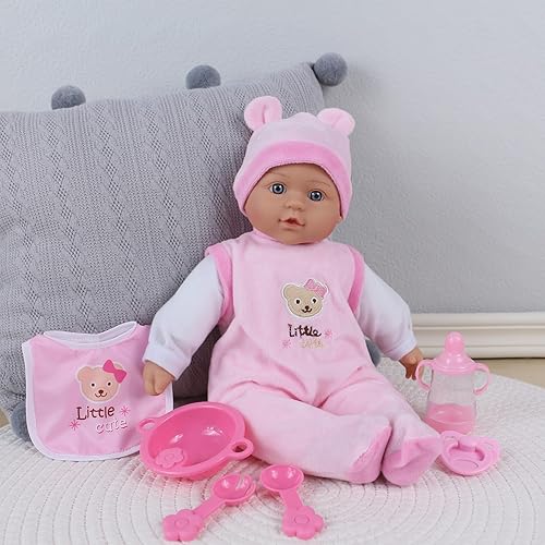 Muñeca suave de 16 pulgadas, color rosa con traje extraíble y babero, 5 piezas con juego de cena, biberón y accesorios (Angela)