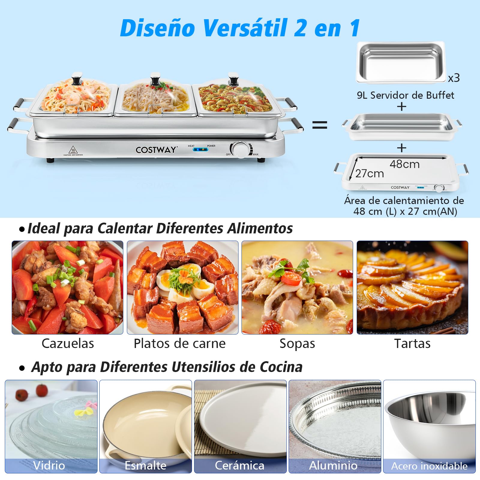 COSTWAY 2 en 1 Bandeja Eléctrica con Control de Temperatura, 450 W Calentador de Alimentos con 3 Bandejas para Servir, Bandeja Portátil de Acero Inoxidable, 9 L Servidor de Buffet