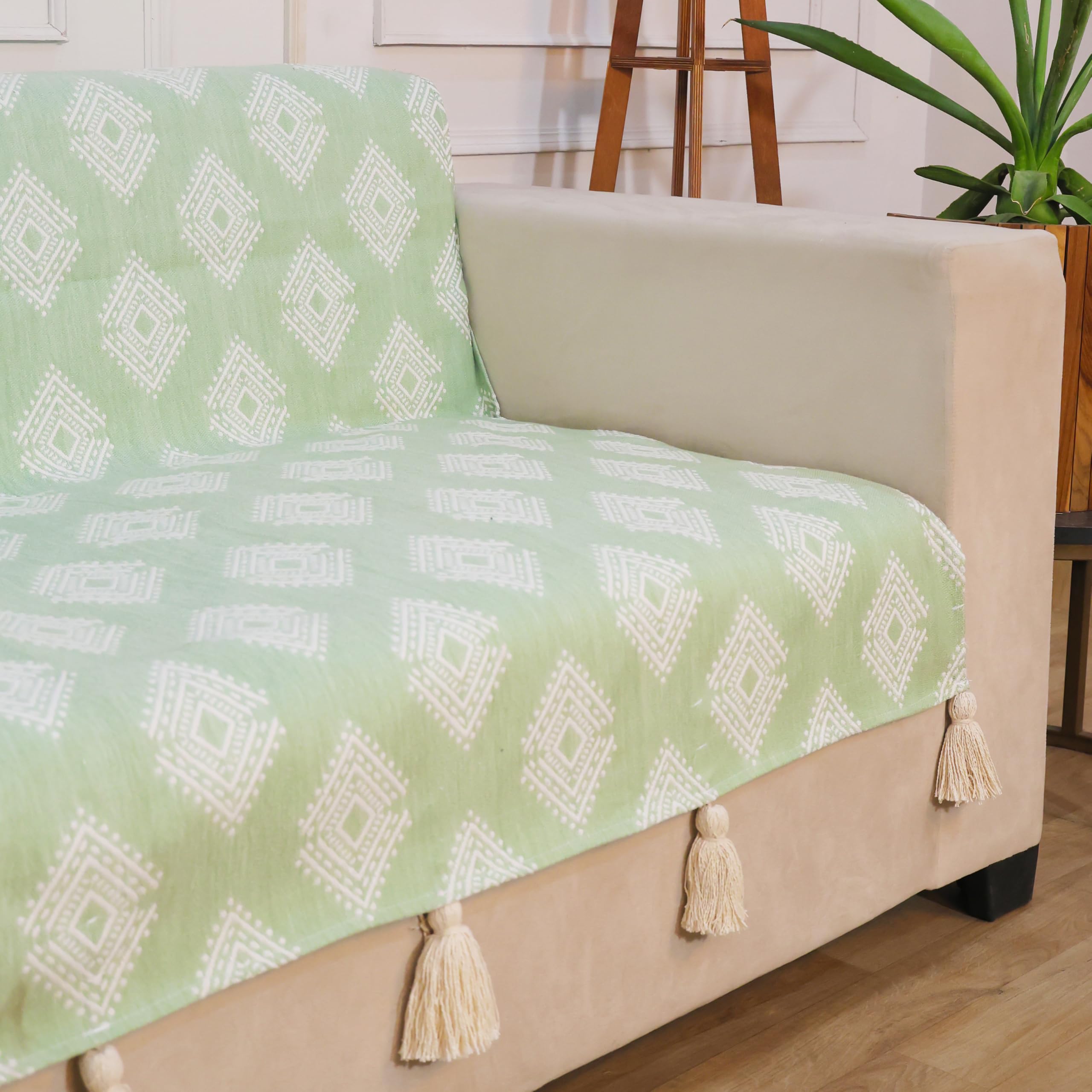 STITCHNEST 'Verdant Rekhika Stories' 1 Seater Sofa Cover – Full Coverage| Elegant Jacquard Fabric, Decorative Tassels, Washable & Durable for Modern Living