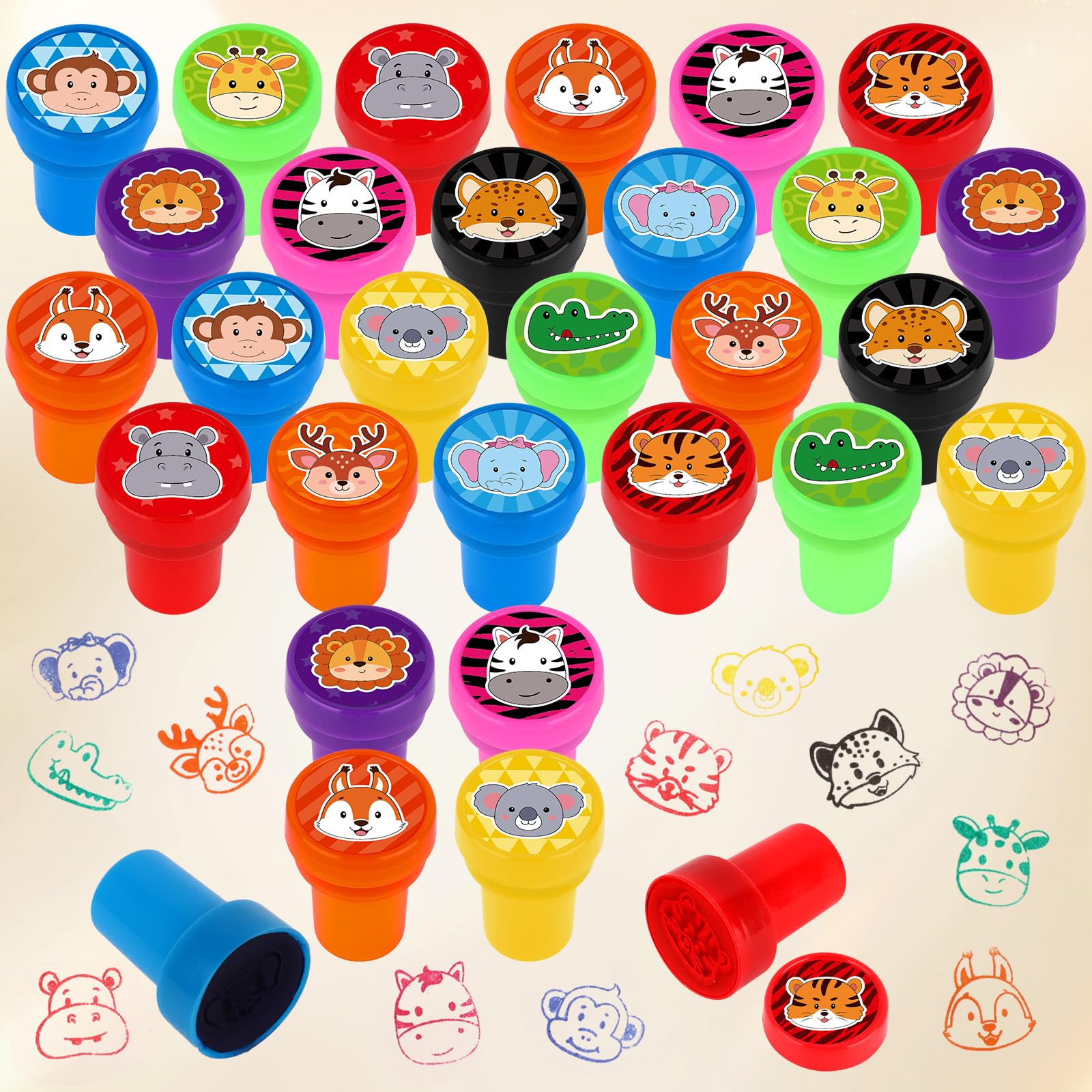 Hxezoc 24 Stück Safari-Dschungel-Tierdruck-Stempel, Mini-Stempel, bunt, selbstfärbend, Partyzubehör, sortiert, Stempel-Set für Klassenzimmer, Party, pädagogische Lernaktivitäten