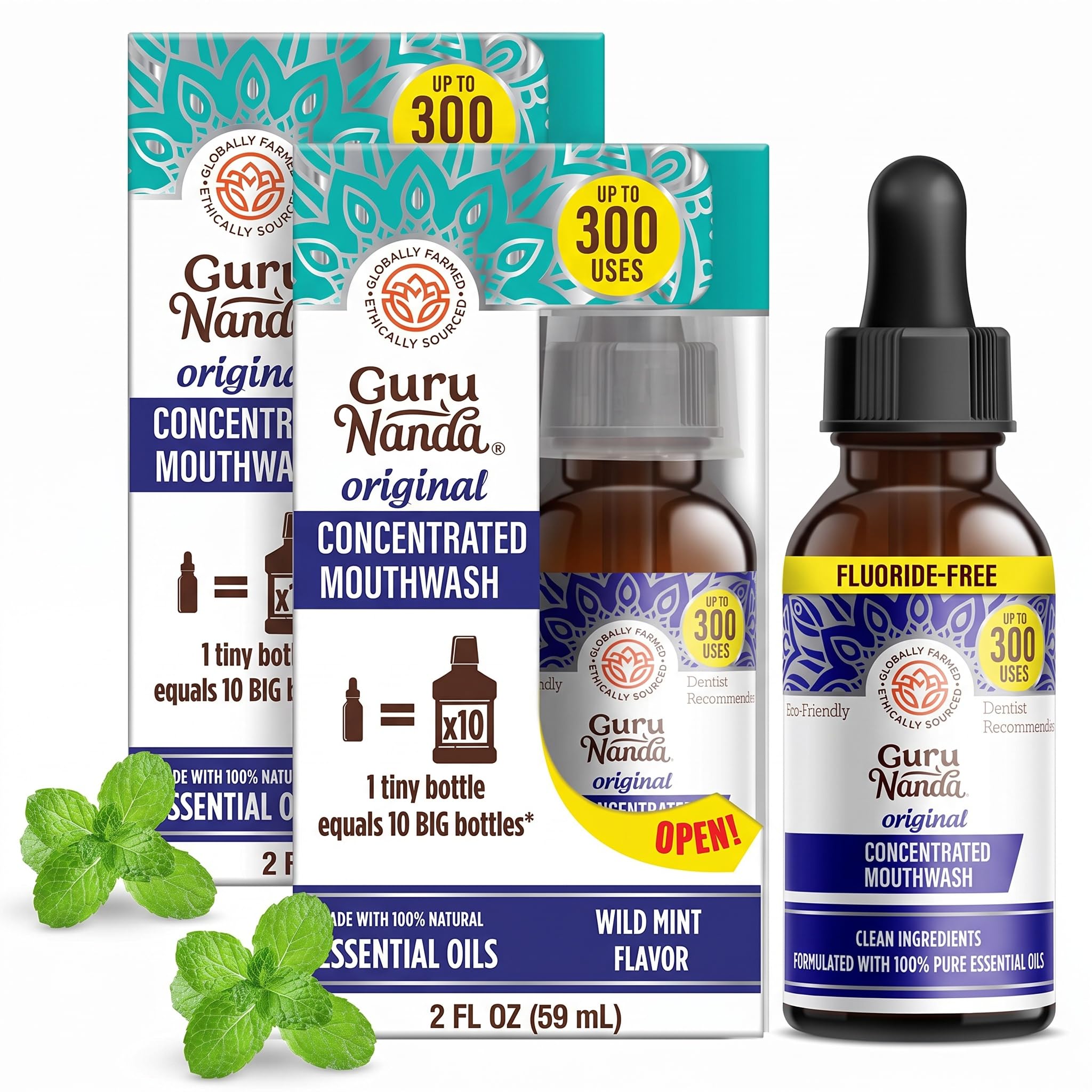 GuruNanda Concentrated Mouthwash (2 fl oz), Fluoride-Free, Mint Mouthwash with Natural Essential Oils, Supports 300 Rinses, Aids in Fresh Breath (Pack of 2)