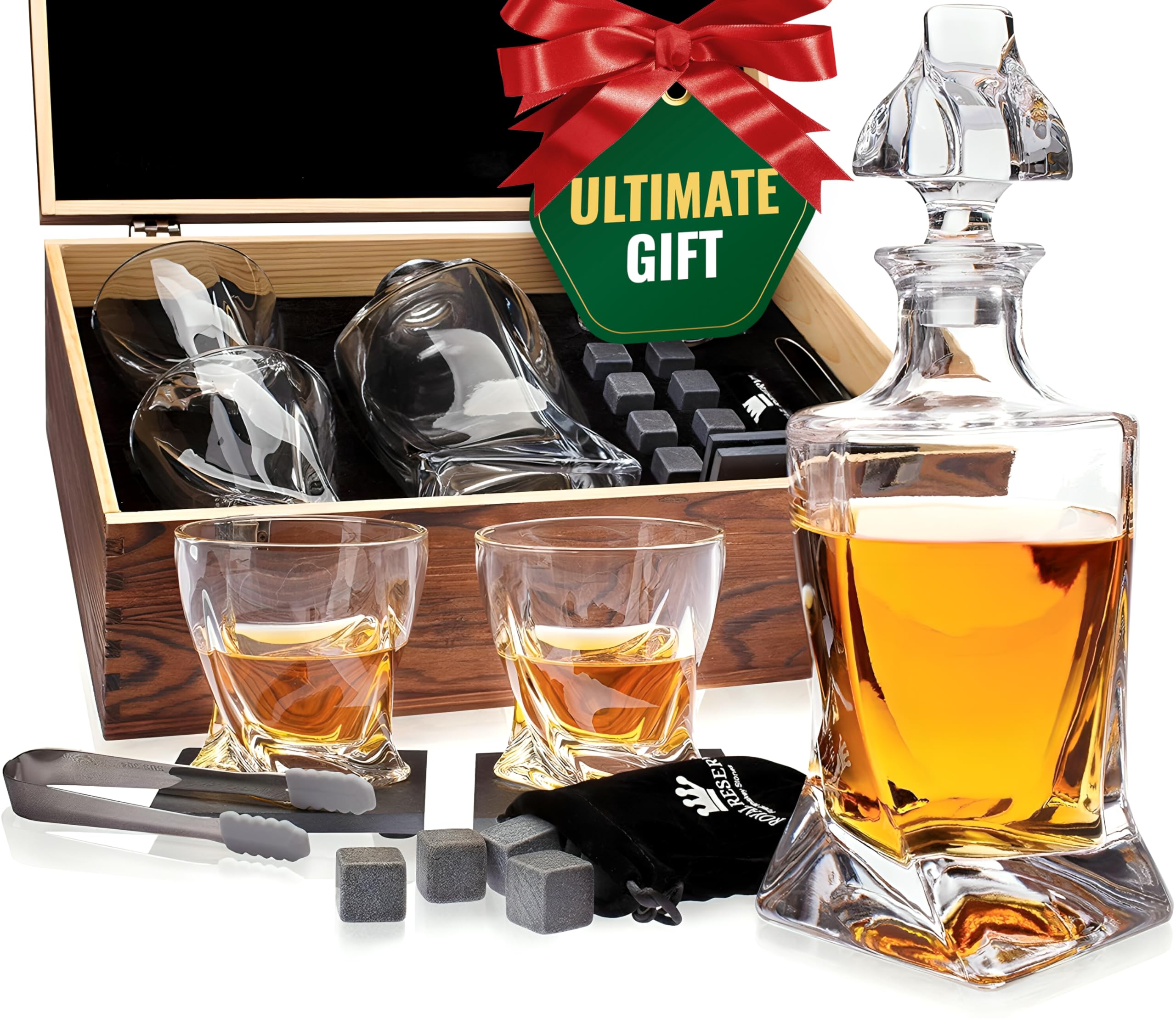 Whiskey Decanter Set by Royal Reserve – Whiskey Gift Set - Twisted Bourbon Decanter 24 oz 750 ml with Glasses, Whiskey Stones, Coasters, Tongs – Whiskey Gifts for Men, Husband, Dad Christmas