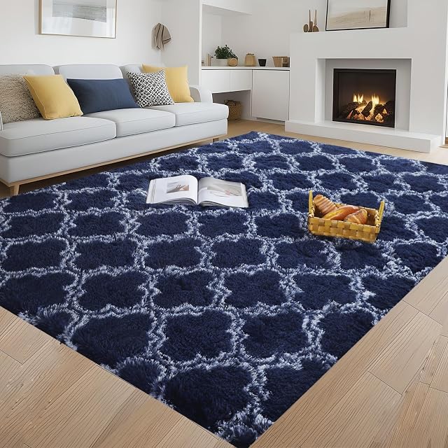 4x6 Feet Navy Soft Area Rugs for Bedroom Living Room Shag Area Rug Modern Indoor Plush Fluffy Carpets, Soft and Comfy Carpet, Girls Kids Nursery (4X6 Feet, Navy/White)