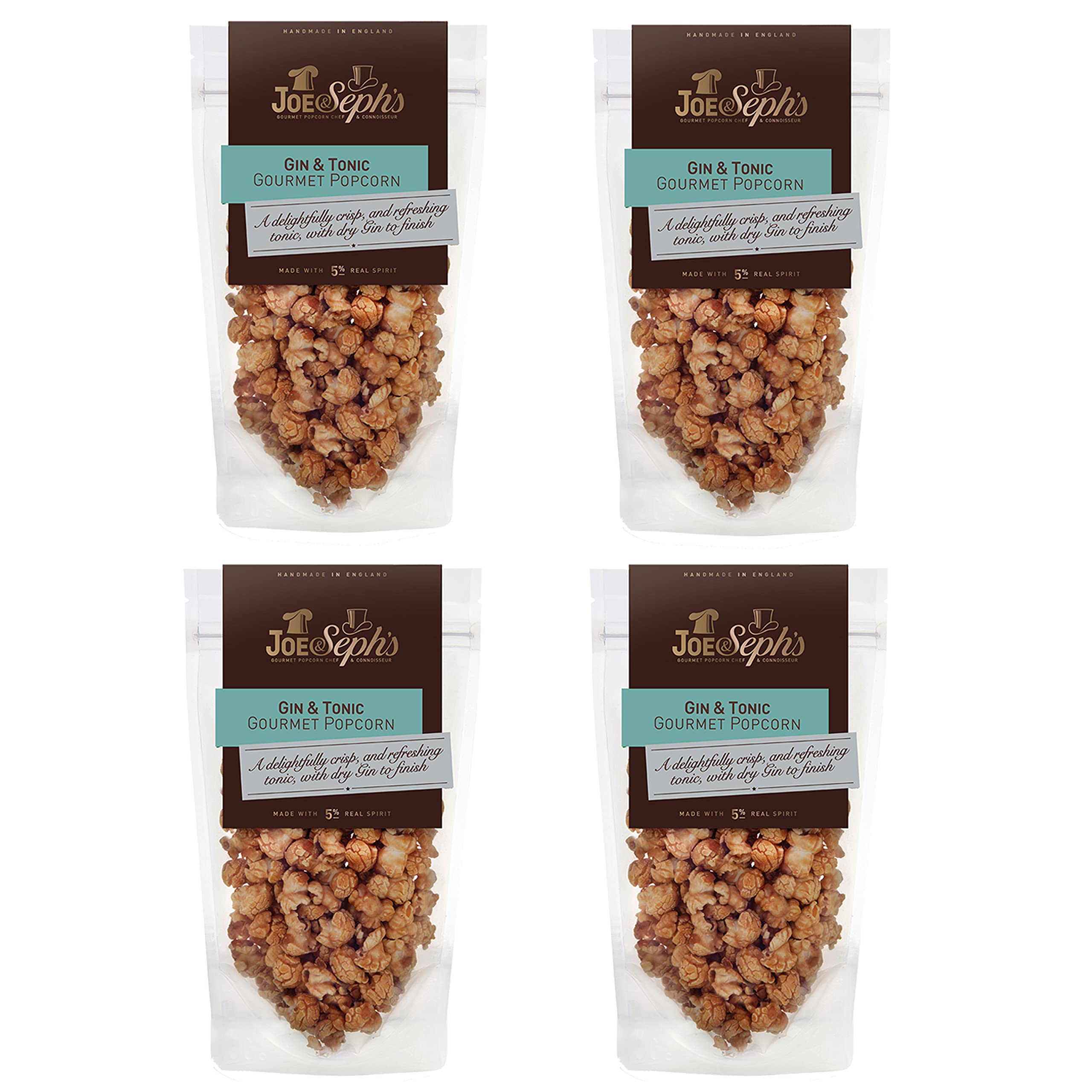 Joe & Seph's Gin & Tonic Popcorn (4x70g)|1 Great Taste Award, gourmet popcorn, air-popped popcorn, popcorn bag, on the go snack, popcorn for a party infused with Alcohol