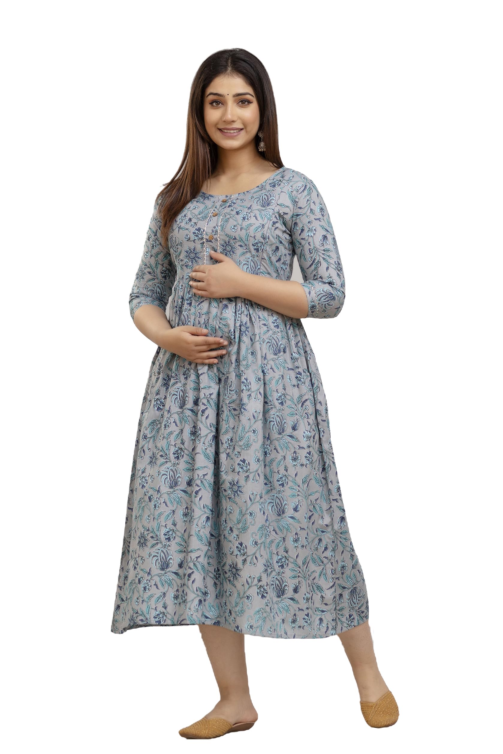 Women's Pure Cotton Maternity Gown/Maternity wear/Feeding Nighty/Women's Cotton Floral Printed Maternity Feeding Kurti/KurtaLadies Maxi Maternity Dress with Cotton Fabric-image-45