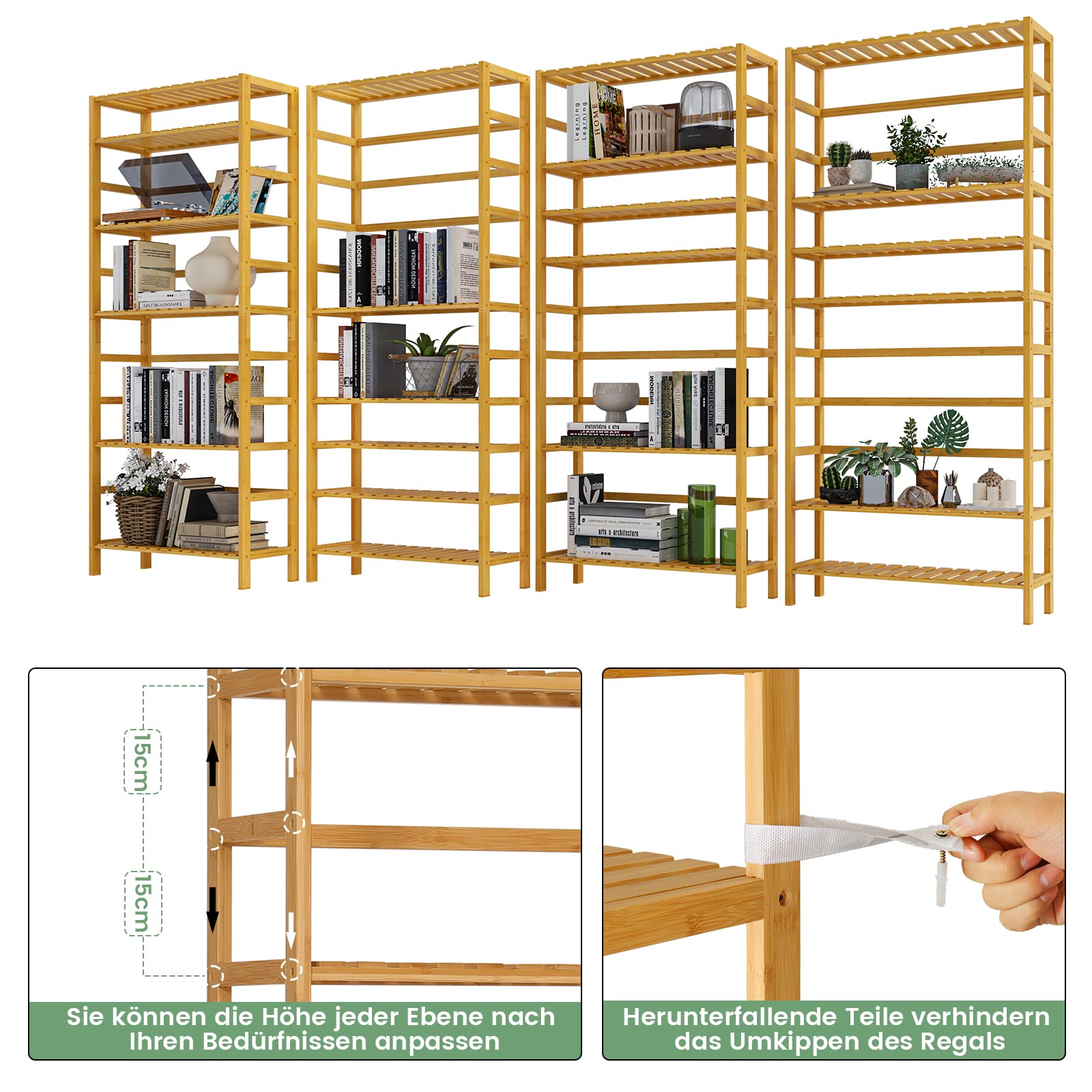 VIAGDO Bambusregal, Küchenregal, Badregal, Bücherregal, Standregal mit 6 verstellbaren Ablagen, 60 x 26 x 162 cm, für Bad, Küche, Wohnzimmer, Schlafzimmer, Balkon, Naturfarben