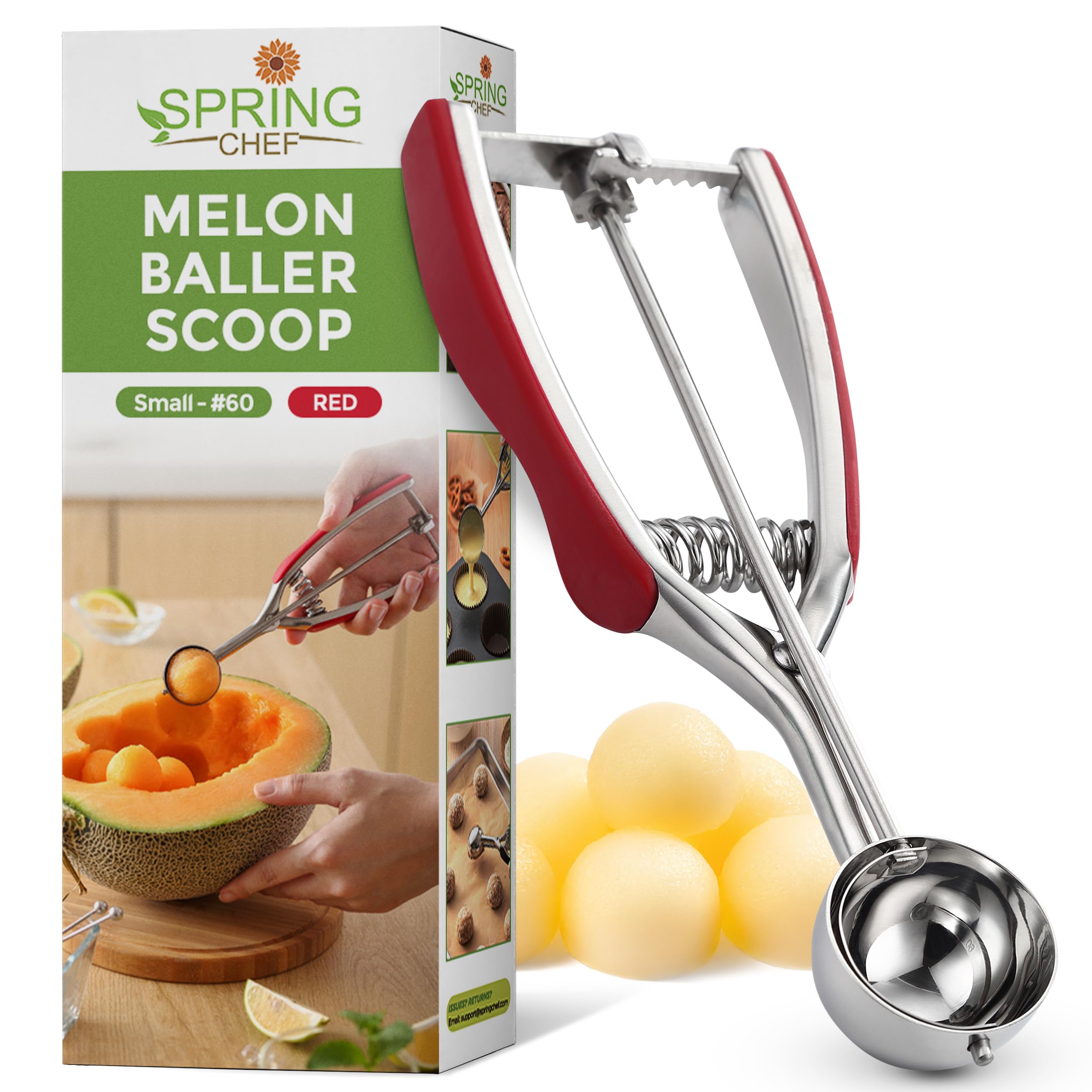 Spring Chef Small Stainless Steel Melon Baller Scoop #60, 1 Tablespoon, Red