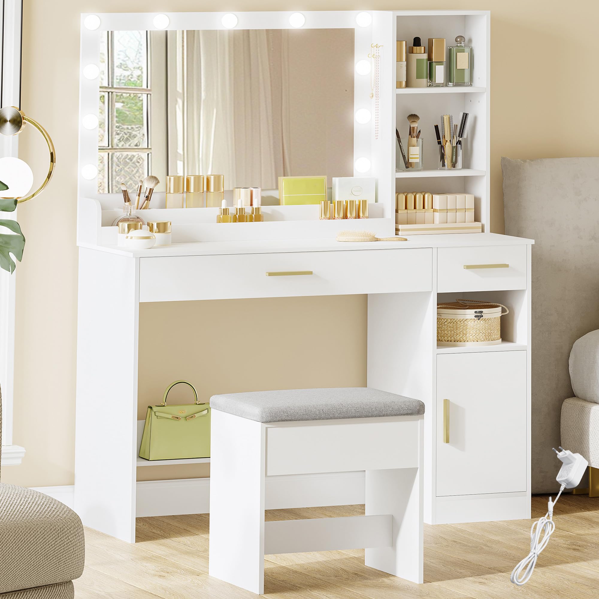 HEXCELEN Toeletta con Sgabello, 40 x 108 x 141 cm, Bianco