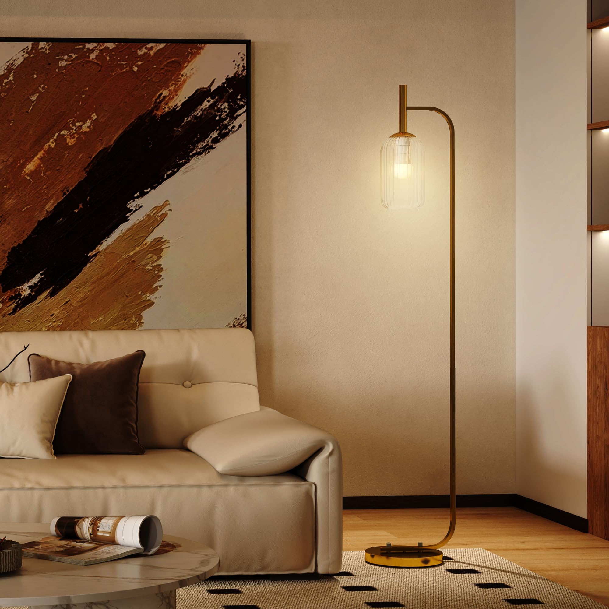 HOMCOM Lampada da Terra Moderna con Paralume in Vetro, Lampada a Piantana con Interruttore a Pedale per Lampadine E27 LED, per Soggiorno, Camera da Letto e Ufficio, 153cm, Oro
