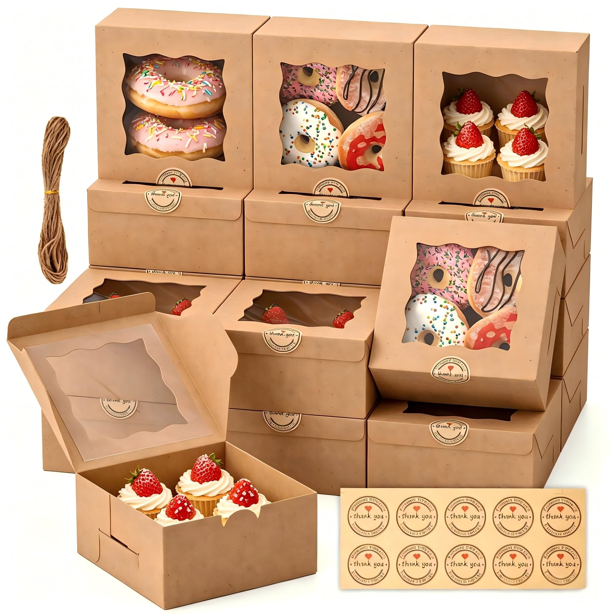 50 Scatole Piccole per Torte con Finestra Trasparente 15x15x7,6 cm, Scatola Kraft per Cupcake con Adesivi e Spago di Iuta, Scatola di Cartone per Biscotti, Ciambelle Conservazione