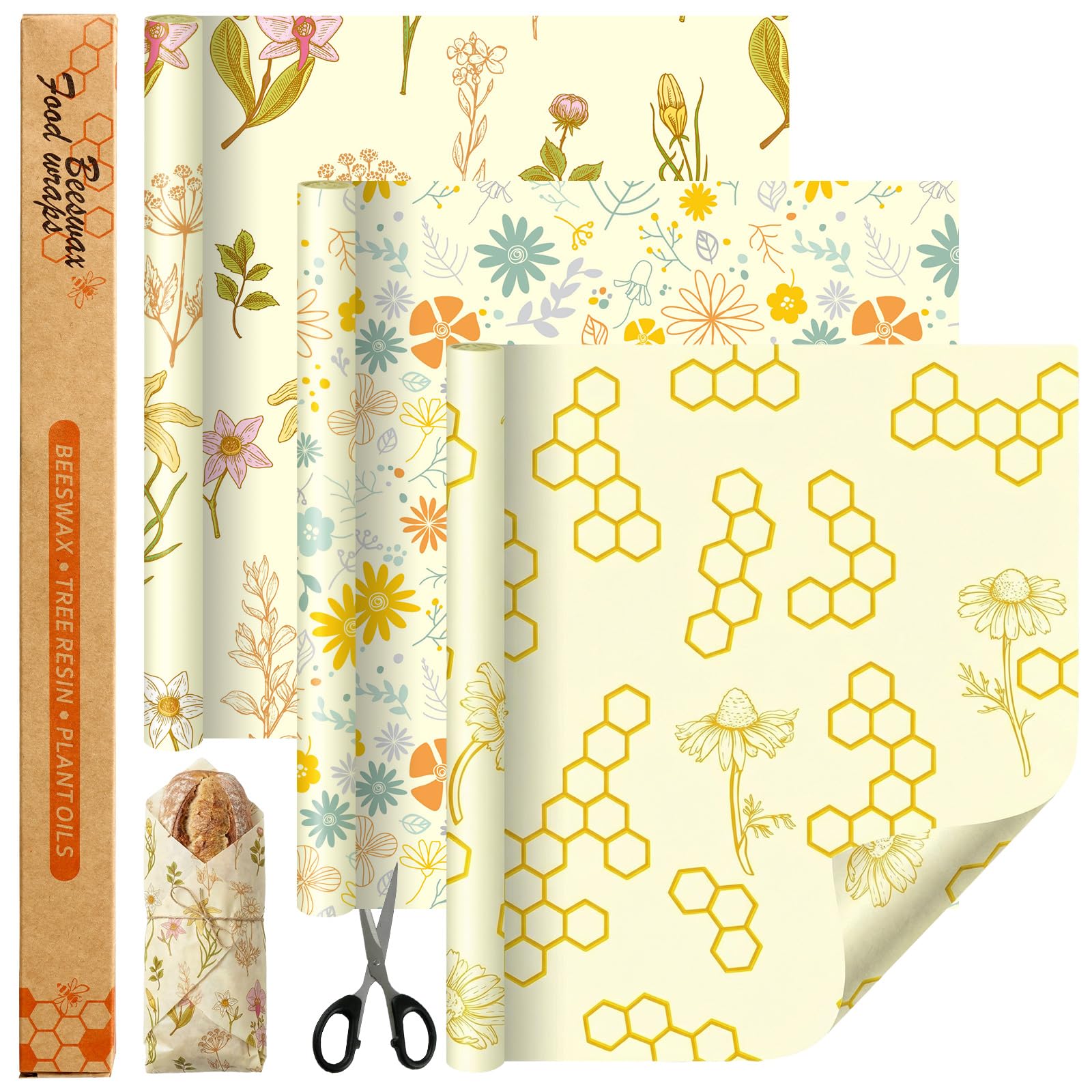3 rollos de cera de abeja reutilizables de 13 x 177 pulgadas, envolturas de cera de abeja de algodón orgánico para alimentos, surtido floral, panal, reutilizable, envoltura de sándwich para