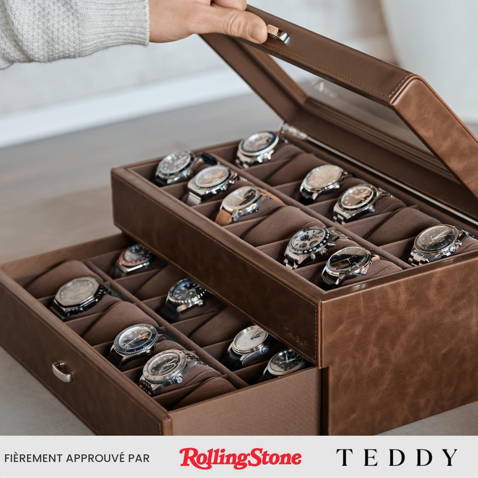 TAWBURY Boîtier de montre extra large à 24 emplacements – Boîtier de montre XL pour homme | Boîtiers de montre pour homme 24 emplacements | Organiseur de montres | Vitrine de montre extra large