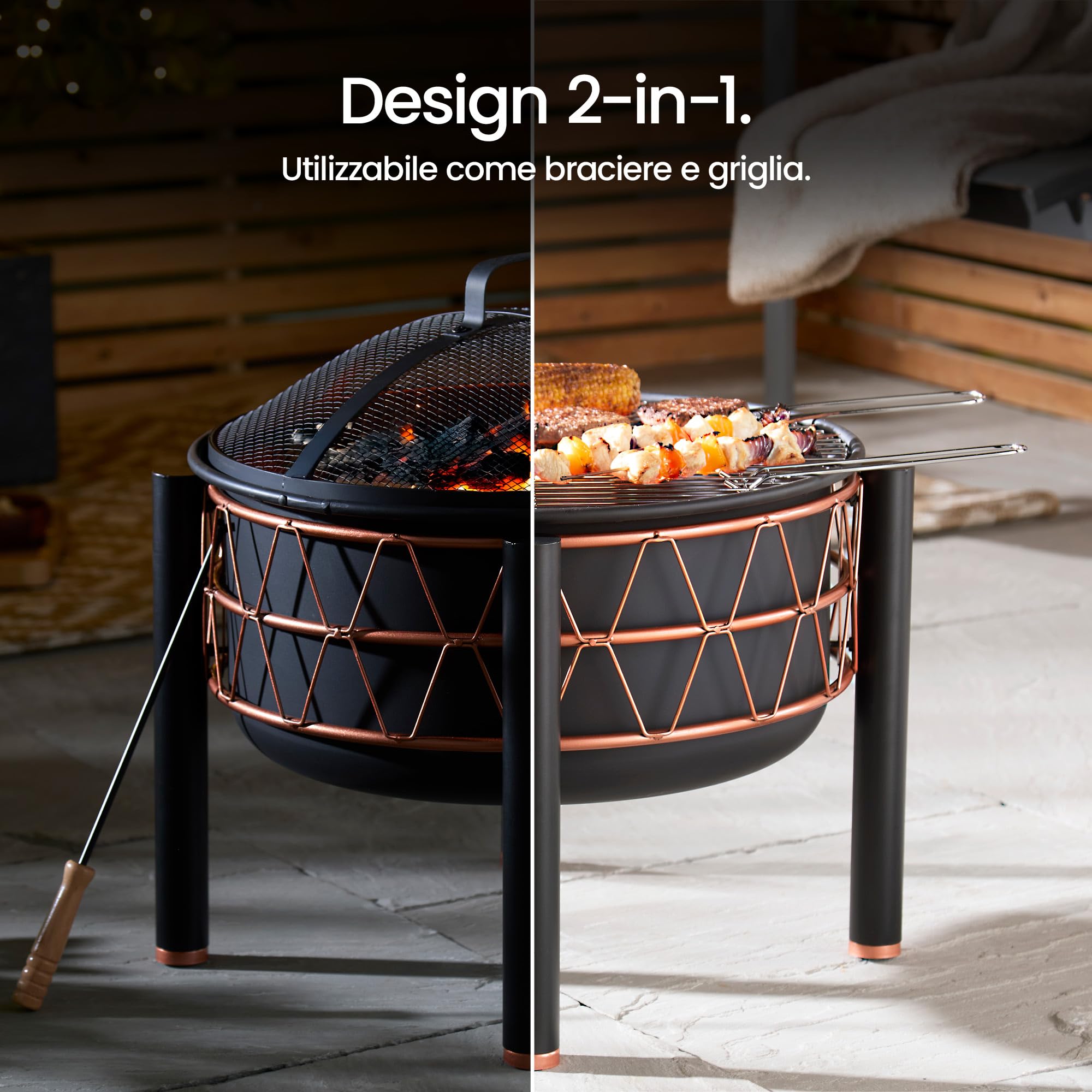 VonHaus Braciere – 2-in-1 con Griglia BBQ per esterni, giardino e patio, in acciaio nero con dettaglio rame, con attizzatoio e coperchio in rete inclusi, legna o carbone