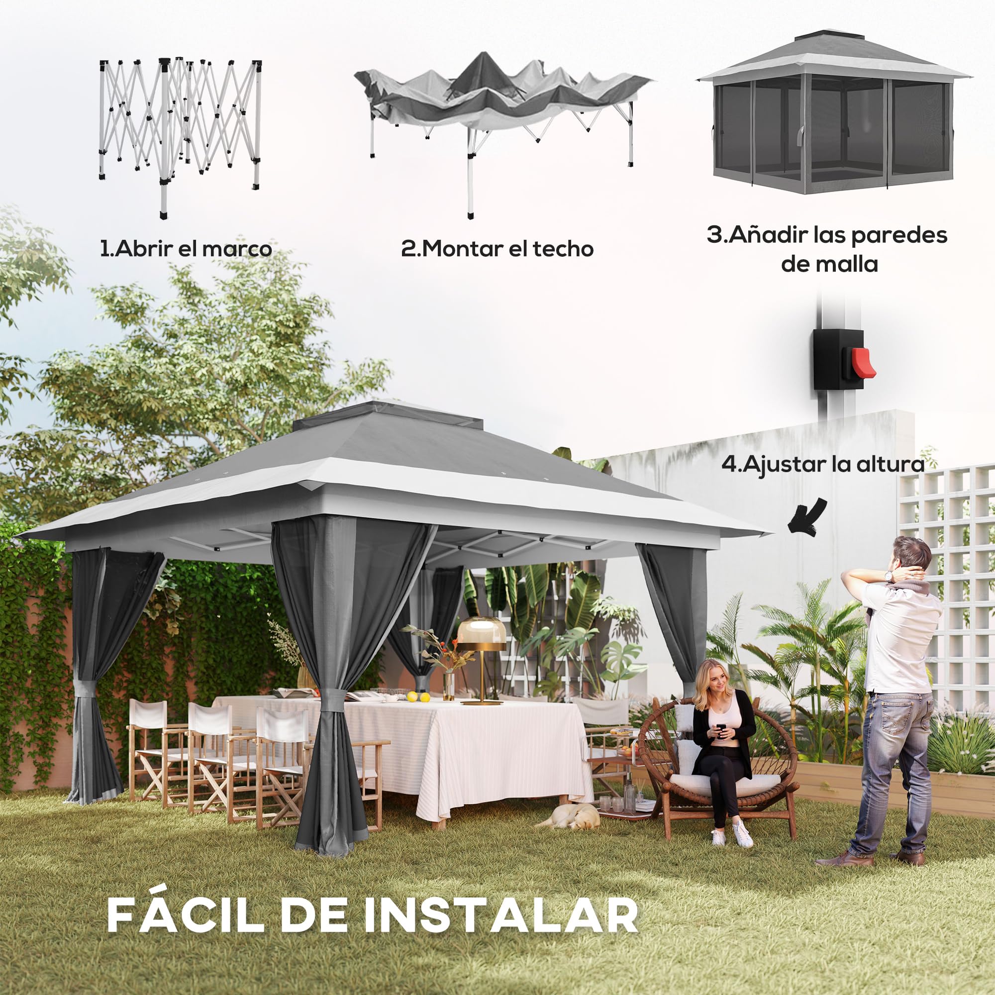 Outsunny Carpa Plegable Gazebo, 3,6x3,6 m, Cenador Plegable con 4 Paredes Laterales de Malla, Anti-UV, Altura Ajustable, Bolsa de Arena y Bolsa de Transporte, para Camping, Fiestas, Gris Oscuro