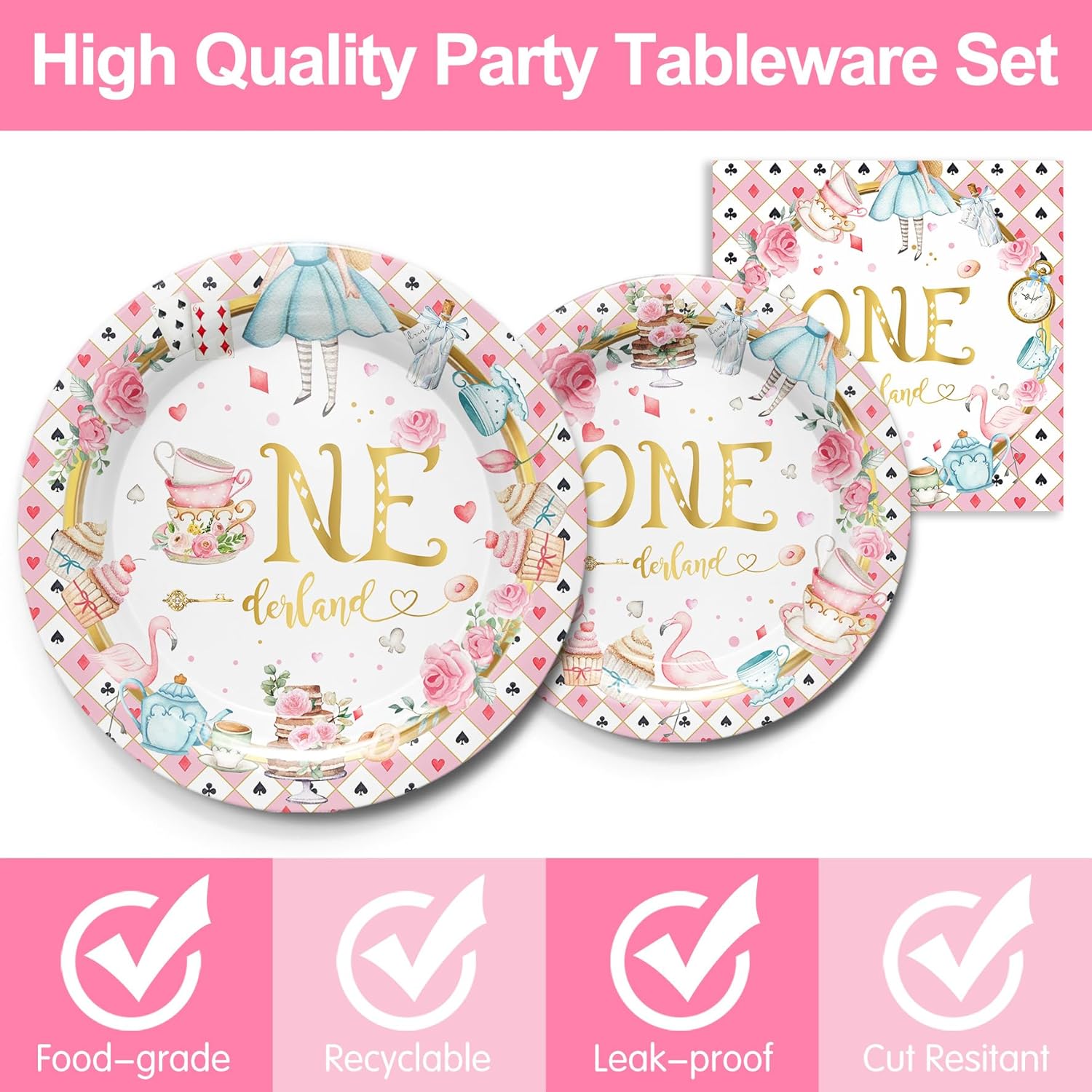 Onderland First Birthday Party Supplies - Onederland 1st Birthday Include Plates, Napkins, Cups, Cutlery, Girls One Year Old Tea Party Decorations | Serves 24 - Image 3